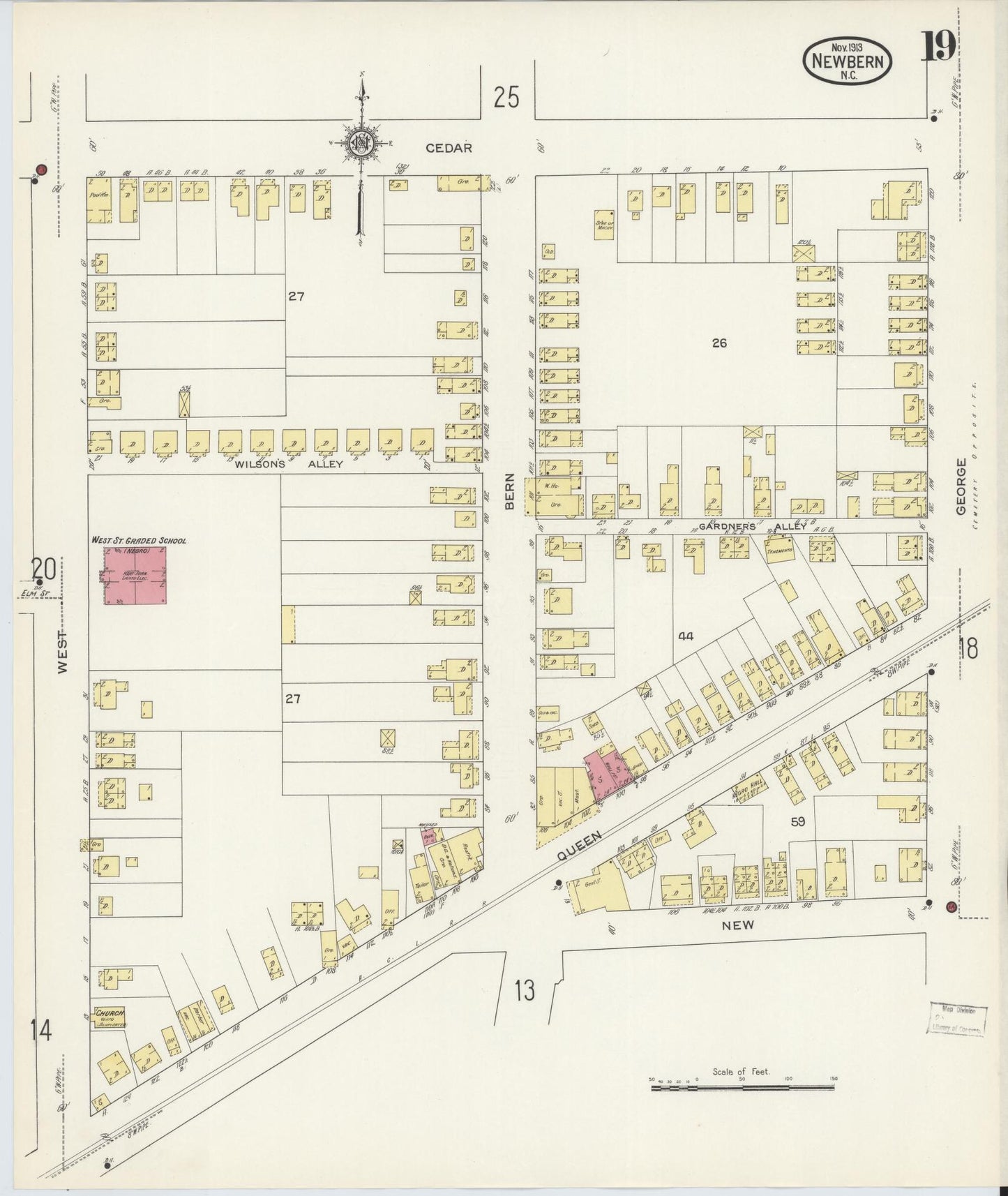 Sanborn Fire Insurance Map from New Bern, Craven County, North Carolina (1913), Sheet #0019 - Historic Sanborn Fire Insurance Map Print, vintage old map wall art, antique decor, genealogy gift, North Carolina North Carolina map