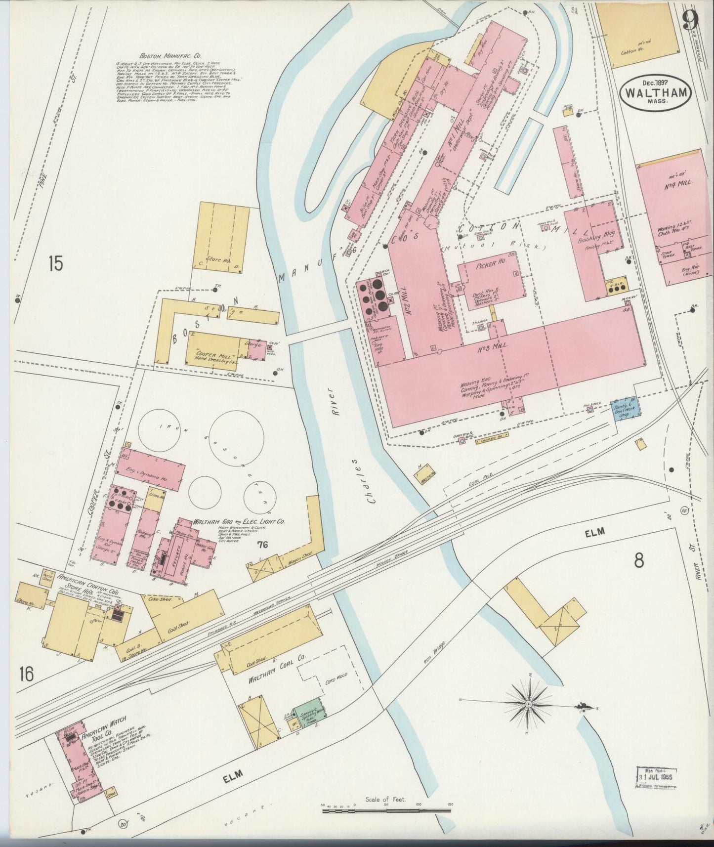 Sanborn Fire Insurance Map from Waltham, Middlesex County, Massachusetts (1897), Sheet #0009 - Historic Sanborn Fire Insurance Map Print, vintage old map wall art, antique decor, genealogy gift, Massachusetts Massachusetts map