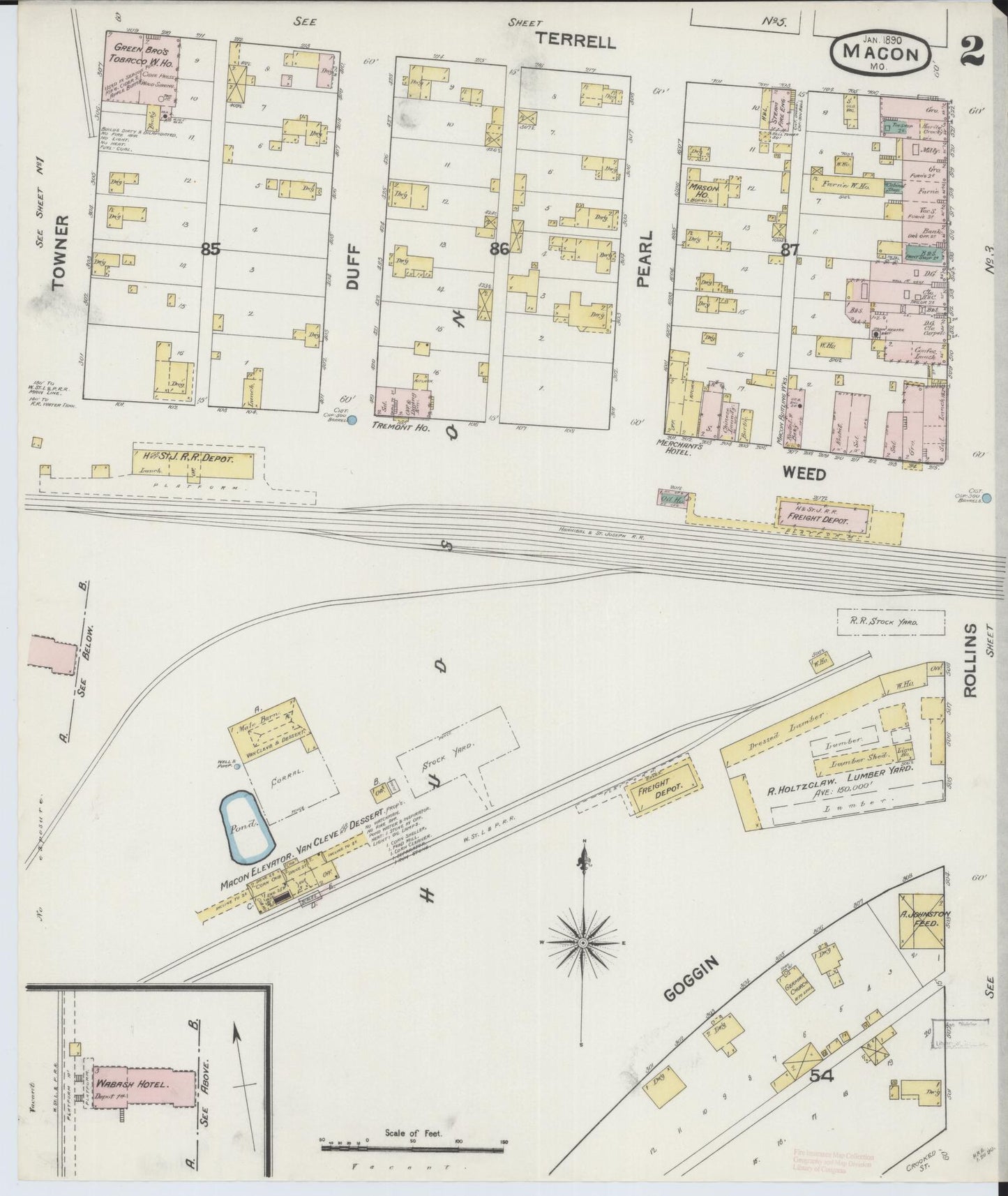 Sanborn Fire Insurance Map from Macon, Macon County, Missouri (1890), Sheet #0002 - Historic Sanborn Fire Insurance Map Print, vintage old map wall art, antique decor, genealogy gift, Missouri Missouri map