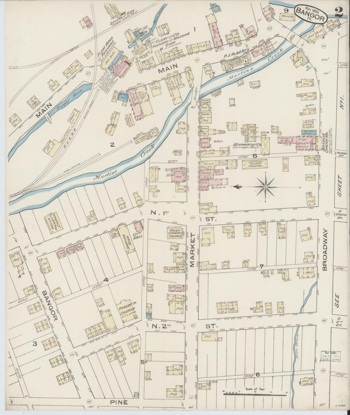 Sanborn Fire Insurance Map from Bangor, Northampton County, Pennsylvania (1885), Sheet #0002 - Historic Sanborn Fire Insurance Map Print, vintage old map wall art, antique decor, genealogy gift, Pennsylvania Pennsylvania map