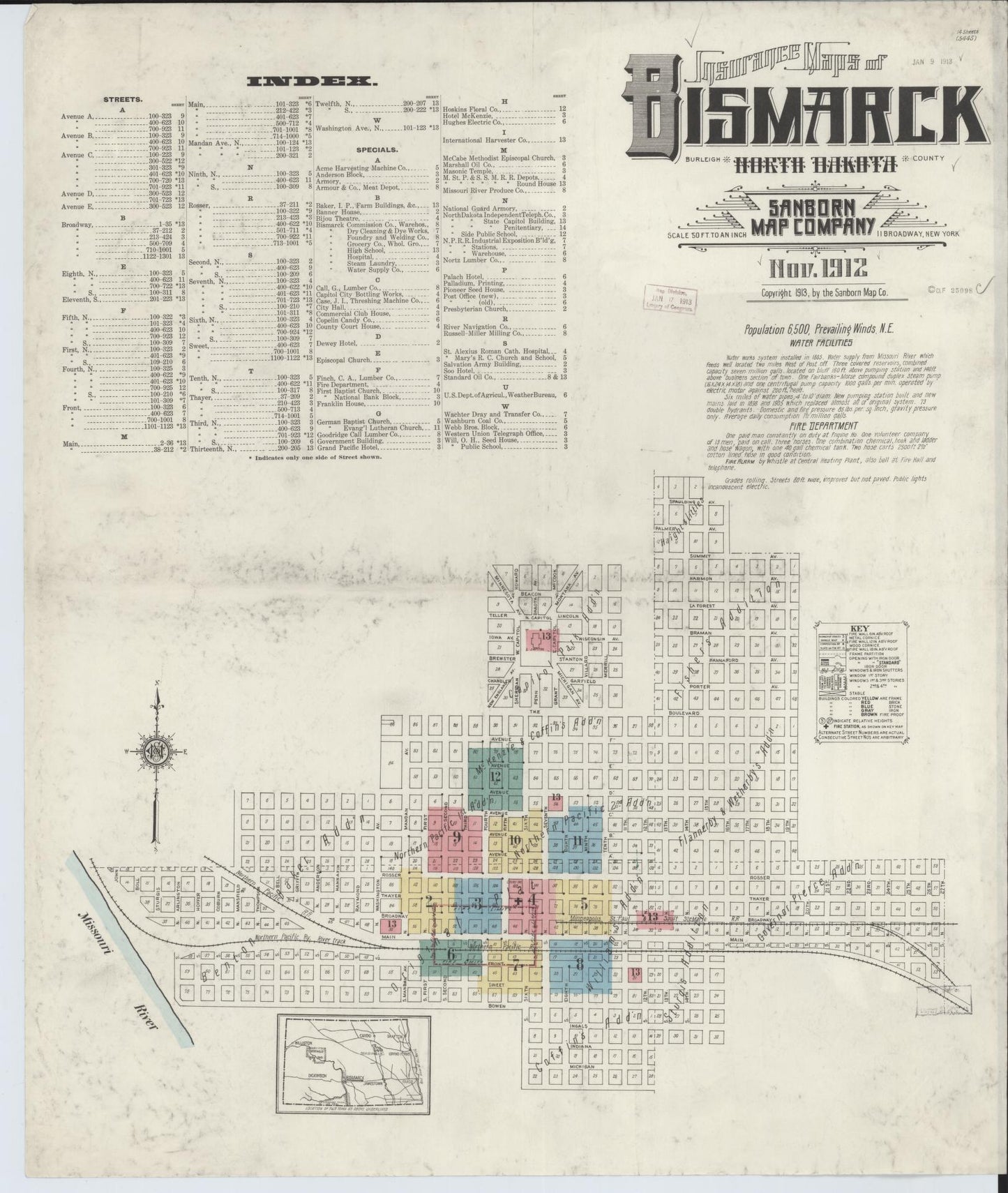 Sanborn Fire Insurance Map from Bismarck, Burleigh County, North Dakota (1912), Sheet #0001 - Historic Sanborn Fire Insurance Map Print, vintage old map wall art, antique decor, genealogy gift, North Dakota North Dakota map