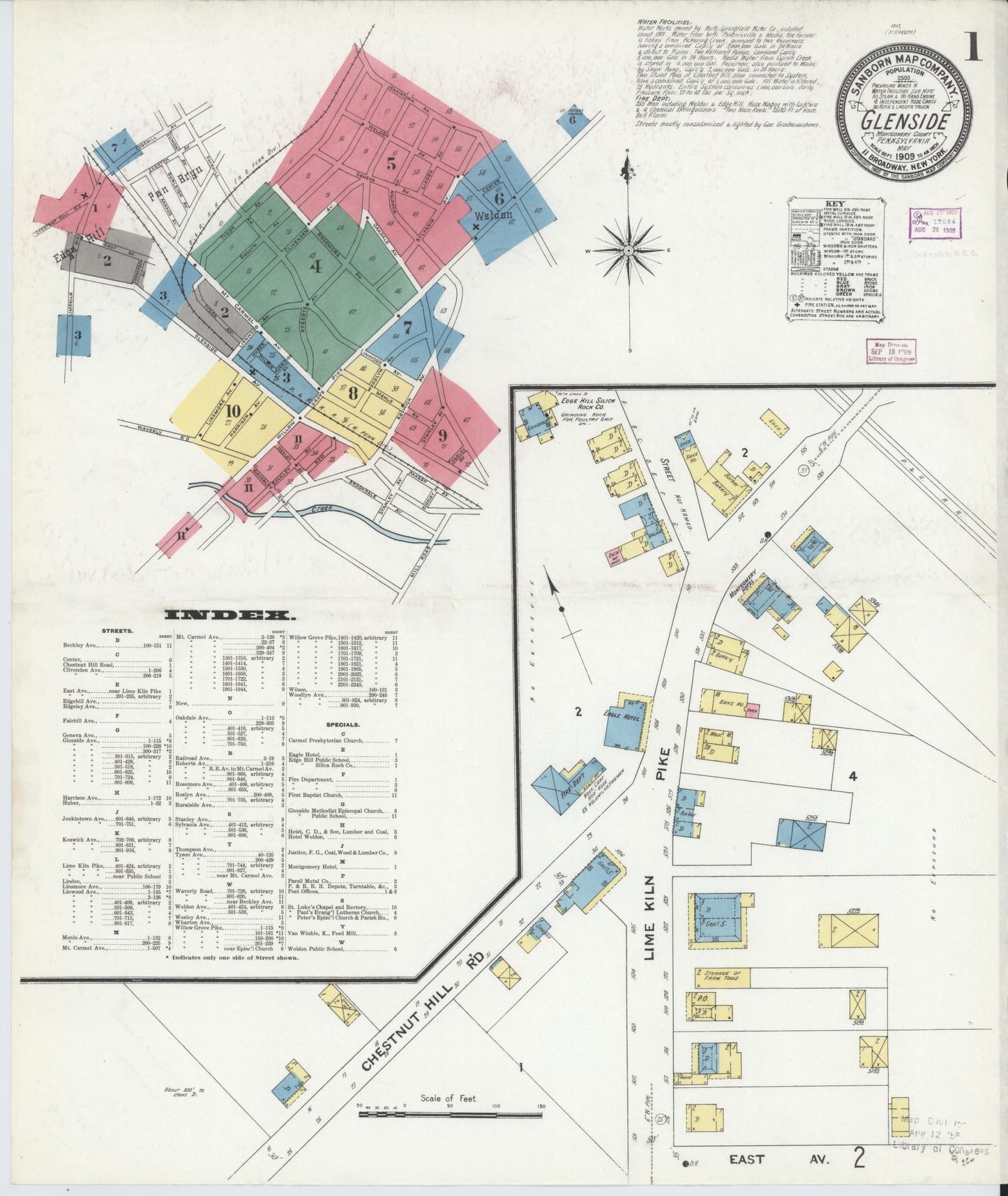 Sanborn Fire Insurance Map from Glenside, Montgomery County, Pennsylvania (1909), Sheet #0001 - Historic Sanborn Fire Insurance Map Print, vintage old map wall art, antique decor, genealogy gift, Pennsylvania Pennsylvania map