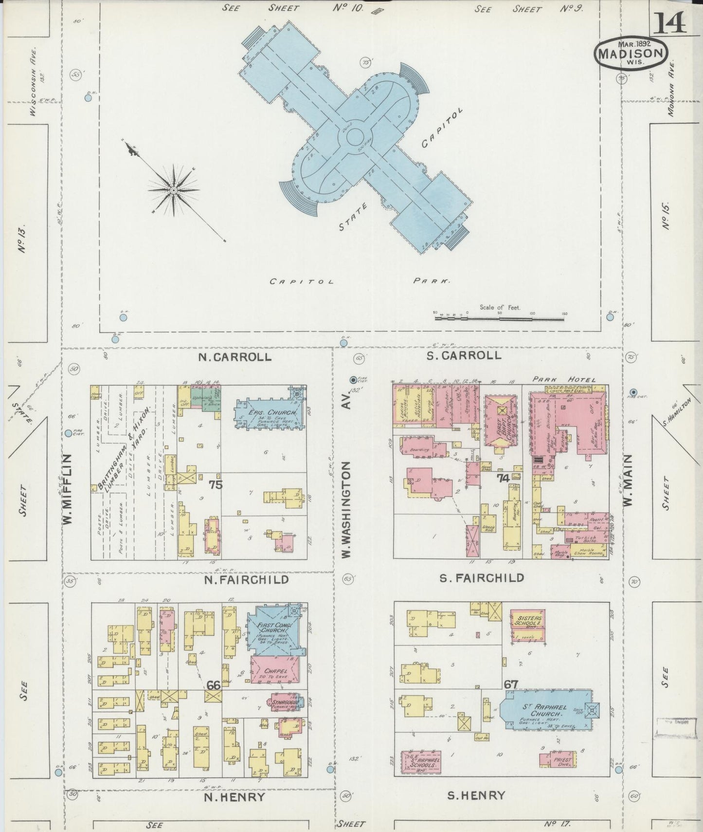 Sanborn Fire Insurance Map from Madison, Dane County, Wisconsin (1892), Sheet #0014 - Historic Sanborn Fire Insurance Map Print, vintage old map wall art, antique decor, genealogy gift, Wisconsin Wisconsin map