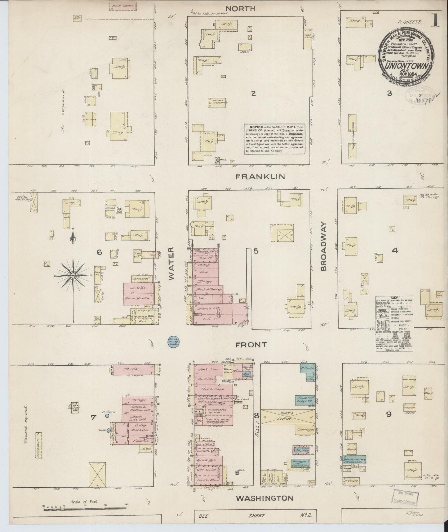Sanborn Fire Insurance Map from Uniontown, Perry County, Alabama (1884), Sheet #0001 - Historic Sanborn Fire Insurance Map Print, vintage old map wall art, antique decor, genealogy gift, Alabama Alabama map