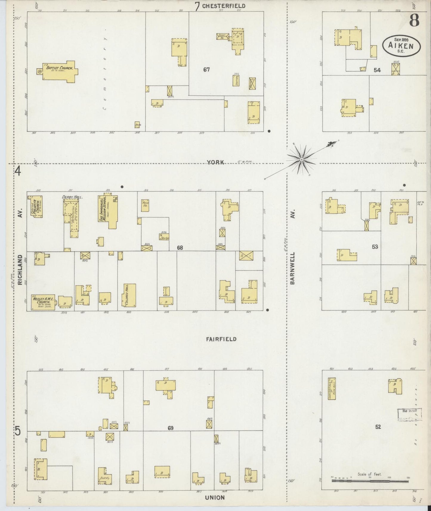 Sanborn Fire Insurance Map from Aiken, Aiken County, South Carolina (1899), Sheet #0008 - Historic Sanborn Fire Insurance Map Print, vintage old map wall art, antique decor, genealogy gift, South Carolina South Carolina map