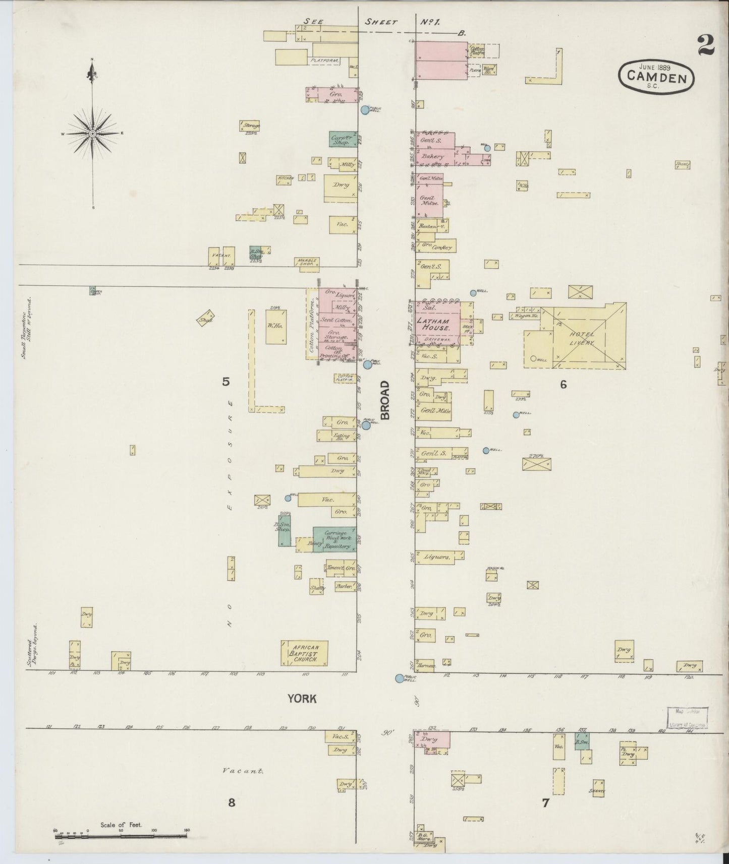 Sanborn Fire Insurance Map from Camden, Kershaw County, South Carolina (1889), Sheet #0002 - Complete Map Set gallery image, historic Sanborn map, vintage wall art, South Carolina South Carolina
