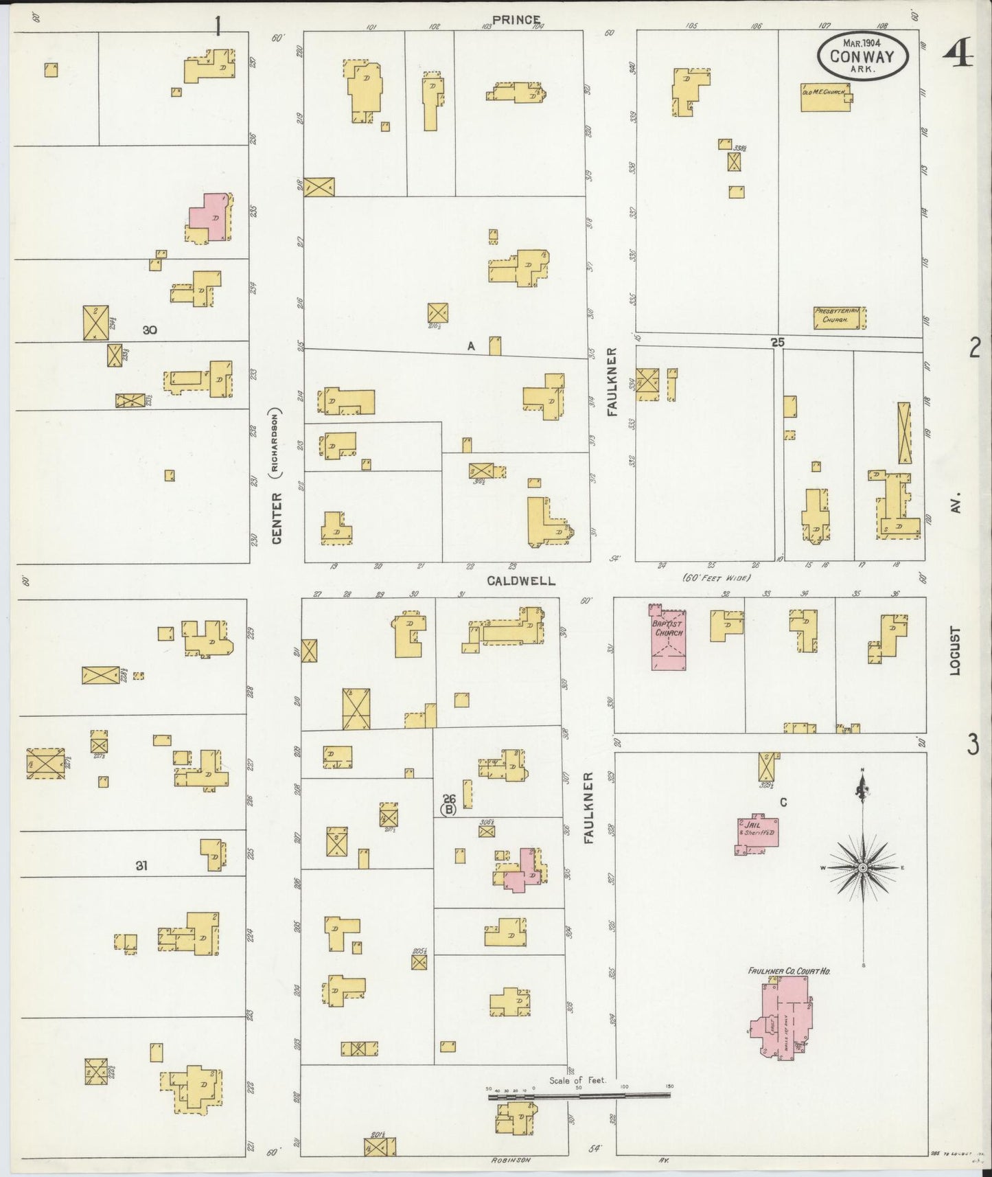 Sanborn Fire Insurance Map from Conway, Faulkner County, Arkansas (1904), Sheet #0004 - Historic Sanborn Fire Insurance Map Print, vintage old map wall art, antique decor, genealogy gift, Arkansas Arkansas map