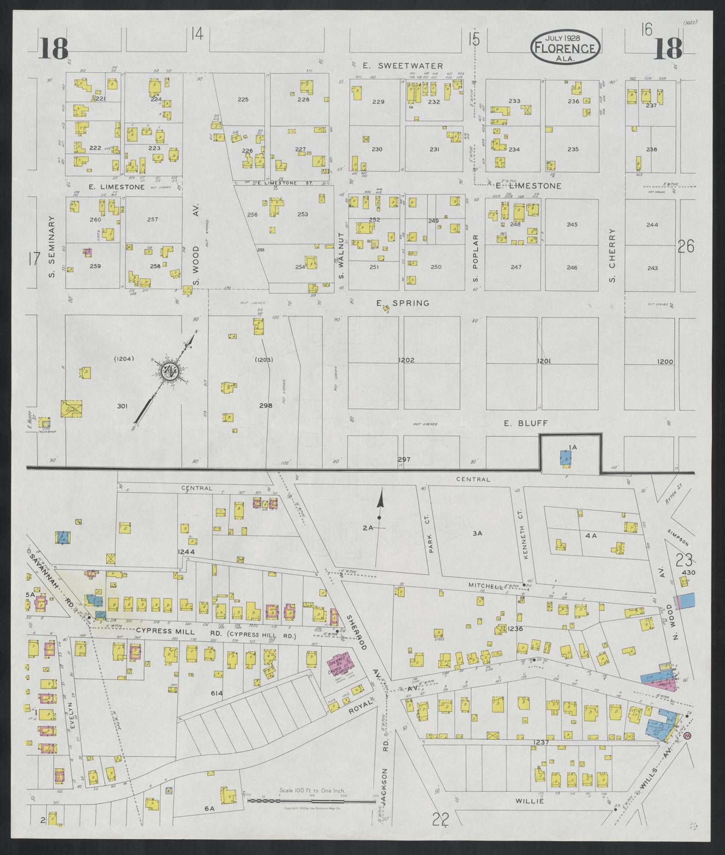 Sanborn Fire Insurance Map from Florence, Lauderdale County, Alabama (1928), Sheet #0018 - Historic Sanborn Fire Insurance Map Print, vintage old map wall art, antique decor, genealogy gift, Alabama Alabama map