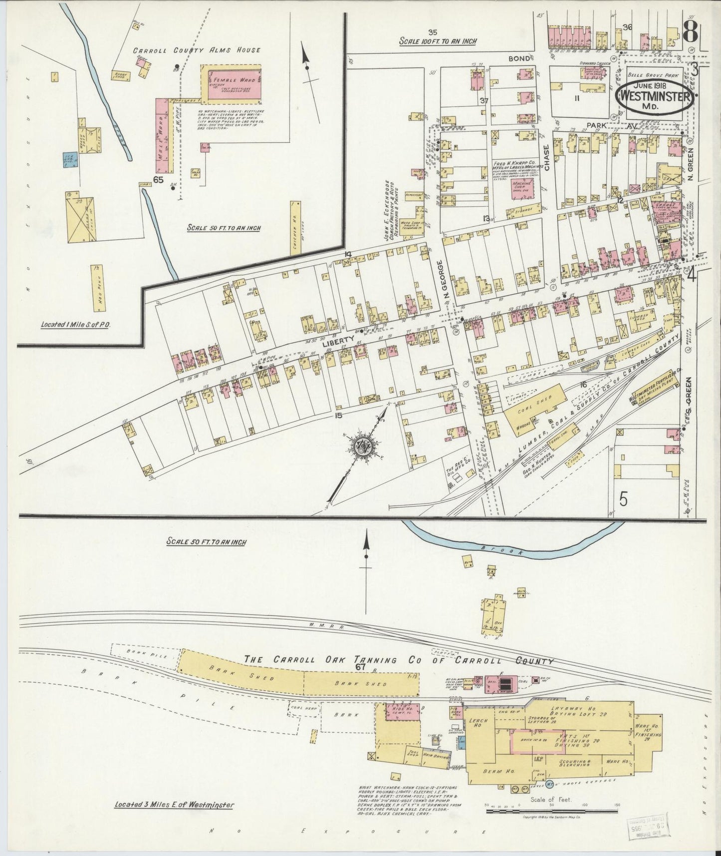 Sanborn Fire Insurance Map from Westminster, Carroll County, Maryland (1918), Sheet #0008 - Historic Sanborn Fire Insurance Map Print, vintage old map wall art, antique decor, genealogy gift, Maryland Maryland map