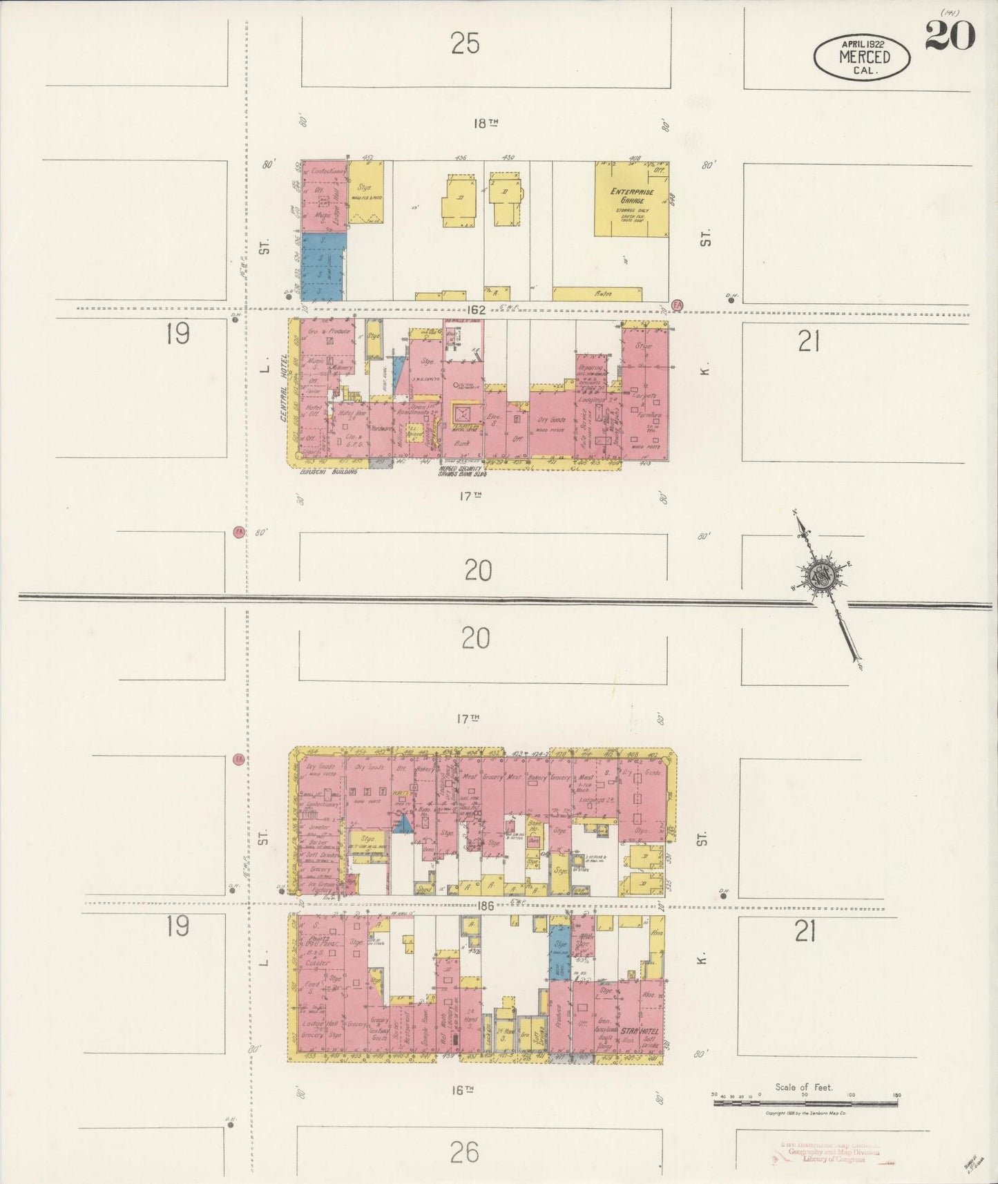 Sanborn Fire Insurance Map from Merced, Merced County, California (1922), Sheet #0020 - Historic Sanborn Fire Insurance Map Print, vintage old map wall art, antique decor, genealogy gift, California California map