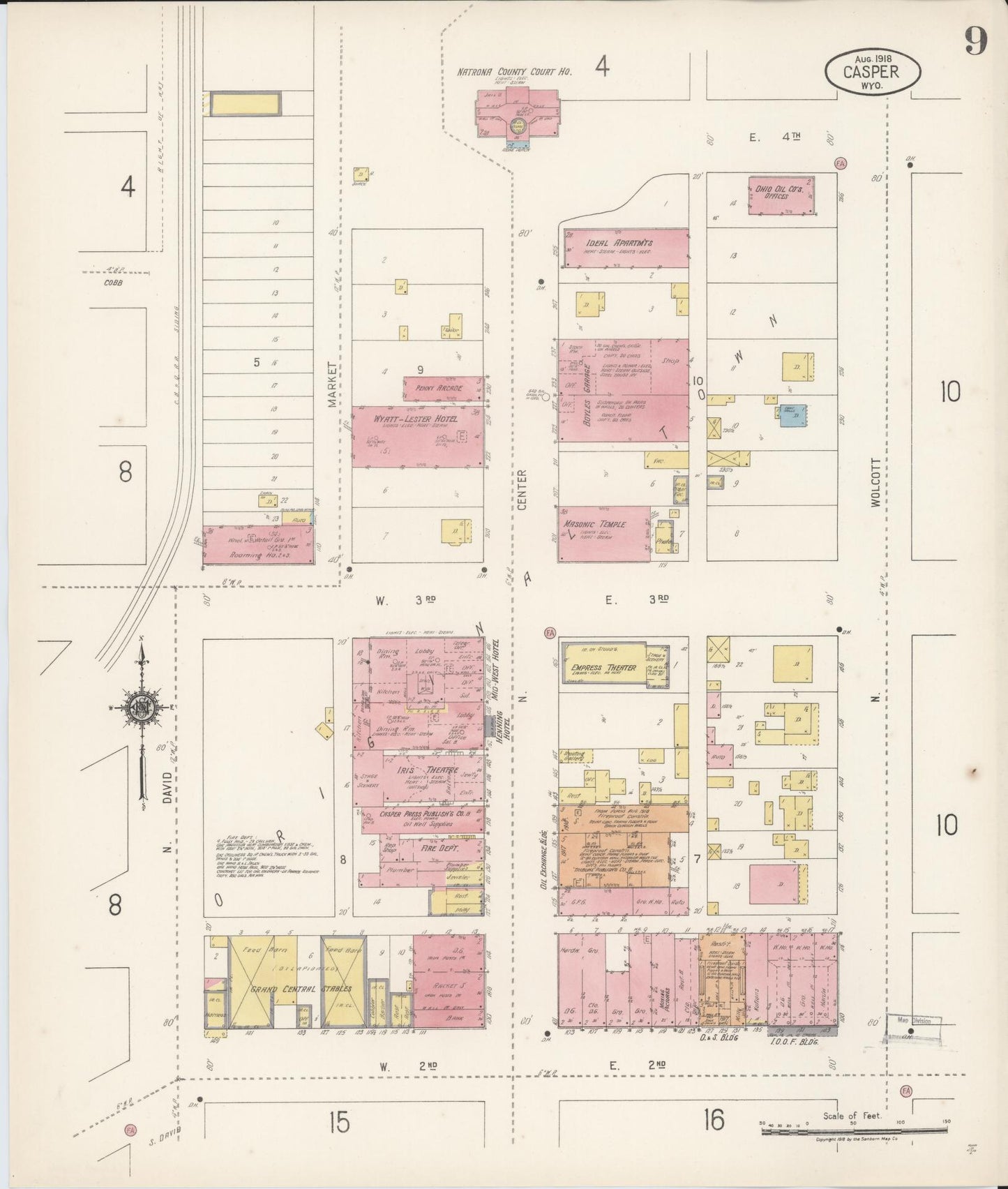 Sanborn Fire Insurance Map from Casper, Natrona County, Wyoming (1918), Sheet #0009 - Historic Sanborn Fire Insurance Map Print, vintage old map wall art, antique decor, genealogy gift, Wyoming Wyoming map