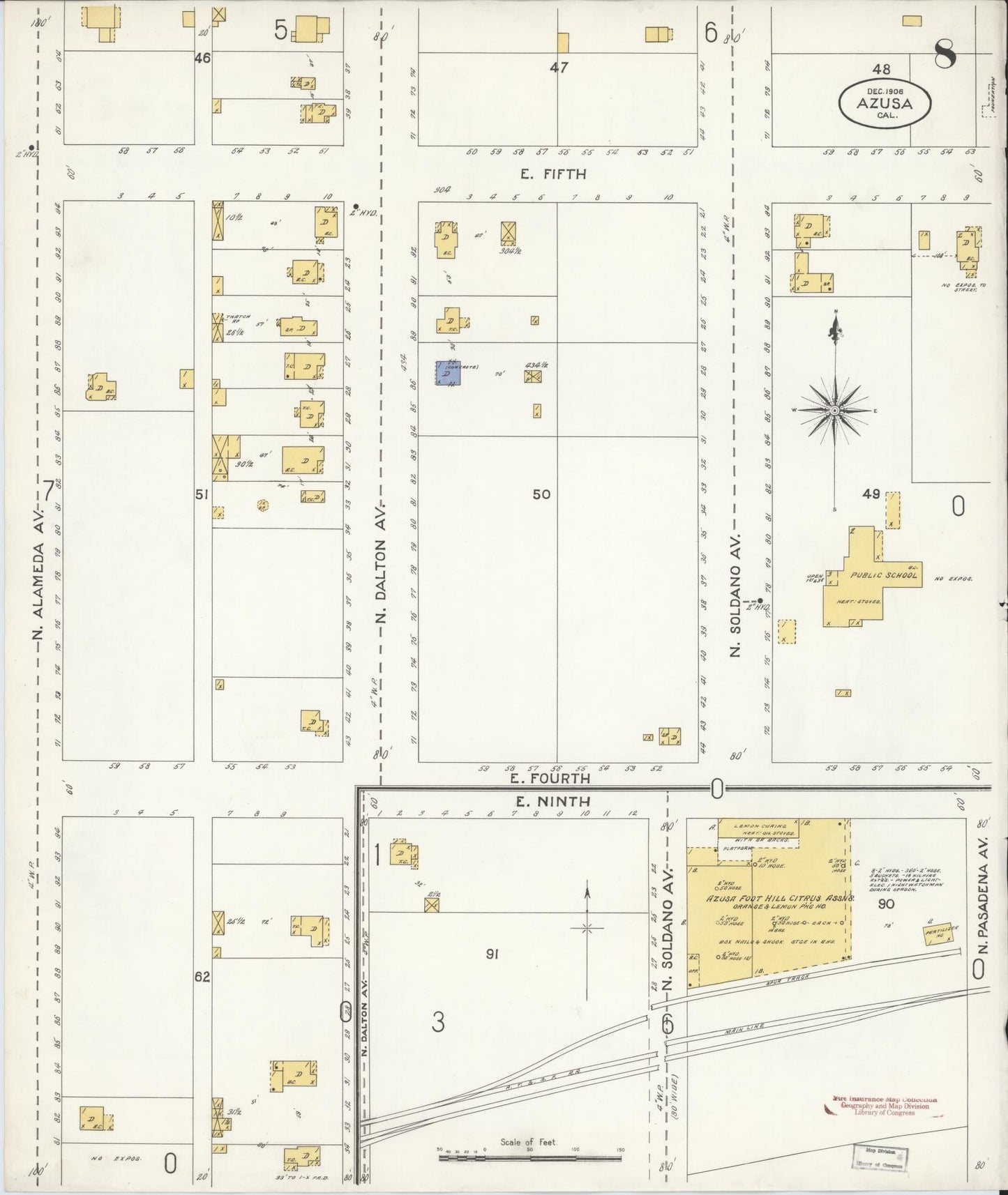 Sanborn Fire Insurance Map from Azusa, Los Angeles County, California (1906), Sheet #0008 - Historic Sanborn Fire Insurance Map Print, vintage old map wall art, antique decor, genealogy gift, California California map