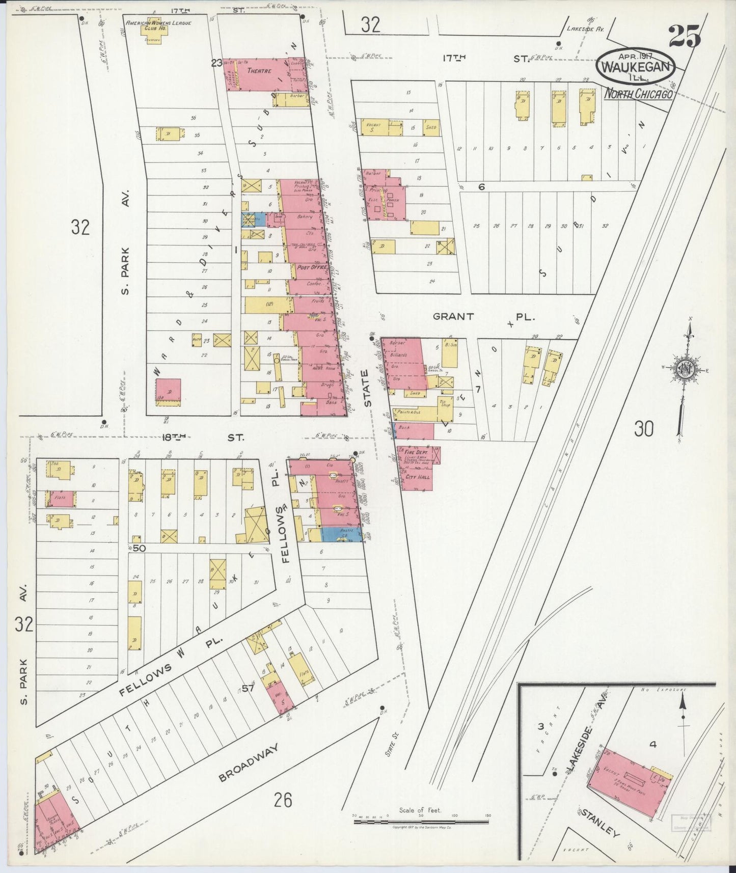 Sanborn Fire Insurance Map from Waukegan, Lake County, Illinois. (1917), Sheet 25 – Historic Sanborn Fire Insurance Map Print