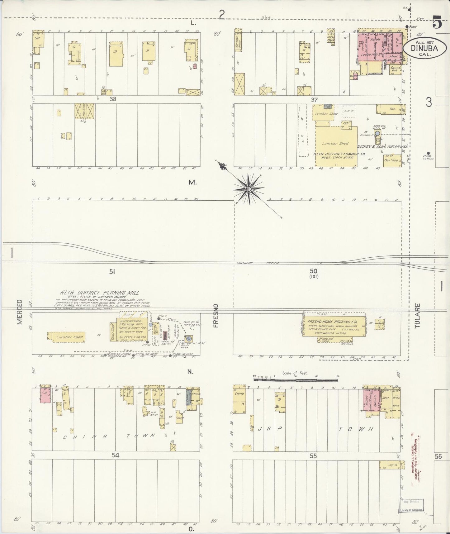 Sanborn Fire Insurance Map from Dinuba, Tulare County, California (1907), Sheet #0005 - Complete Map Set gallery image, historic Sanborn map, vintage wall art, California California