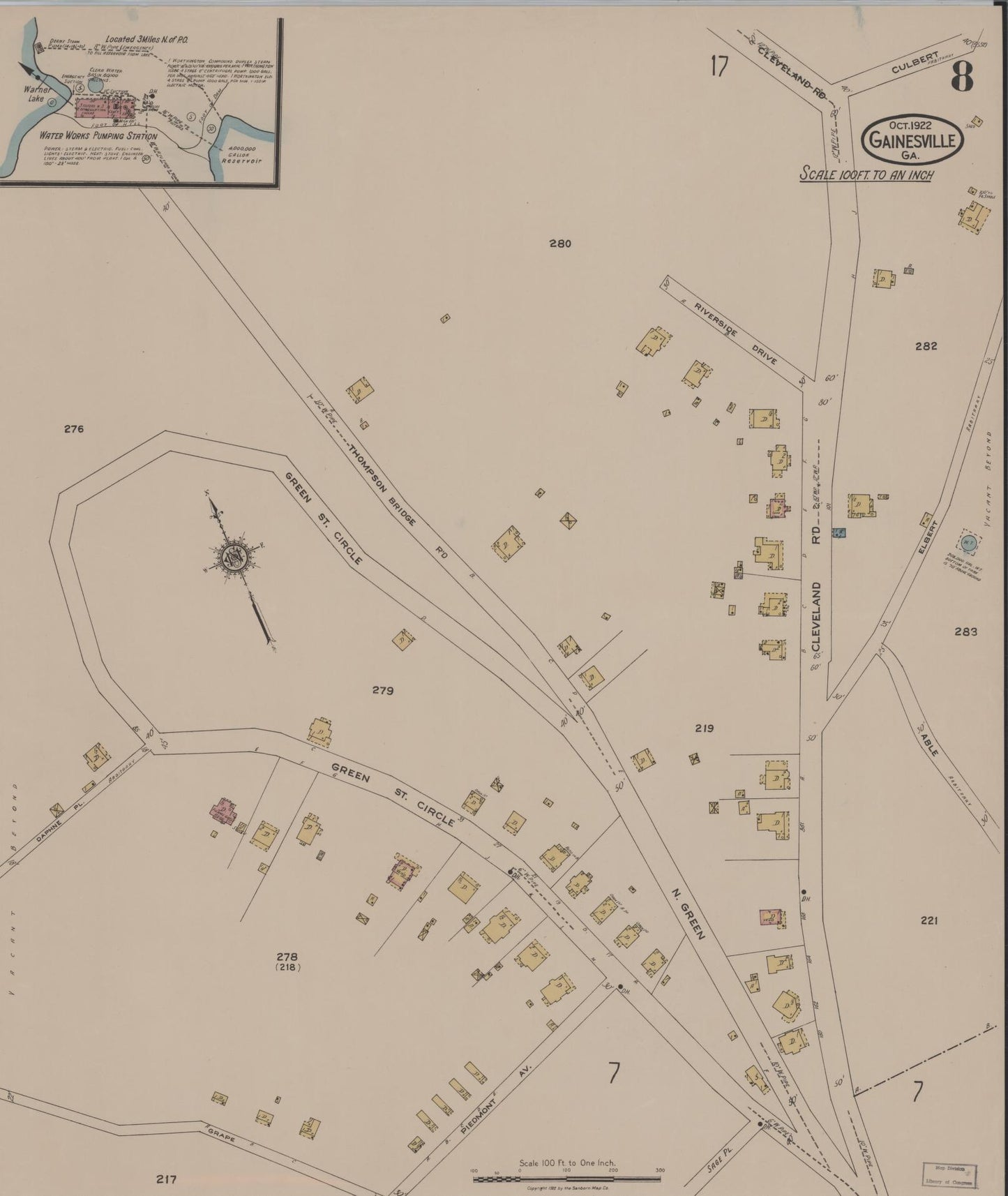 Sanborn Fire Insurance Map from Gainesville, Hall County, Georgia (1922), Sheet #0008 - Historic Sanborn Fire Insurance Map Print, vintage old map wall art, antique decor, genealogy gift, Georgia Georgia map