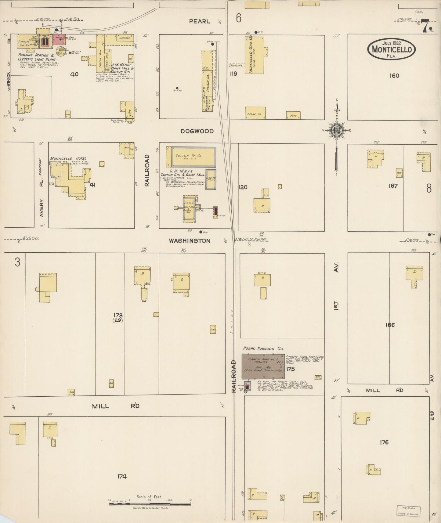 Sanborn Fire Insurance Map from Monticello, Jefferson County, Florida (1922), Sheet #0007 - Historic Sanborn Fire Insurance Map Print, vintage old map wall art, antique decor, genealogy gift, Florida Florida map