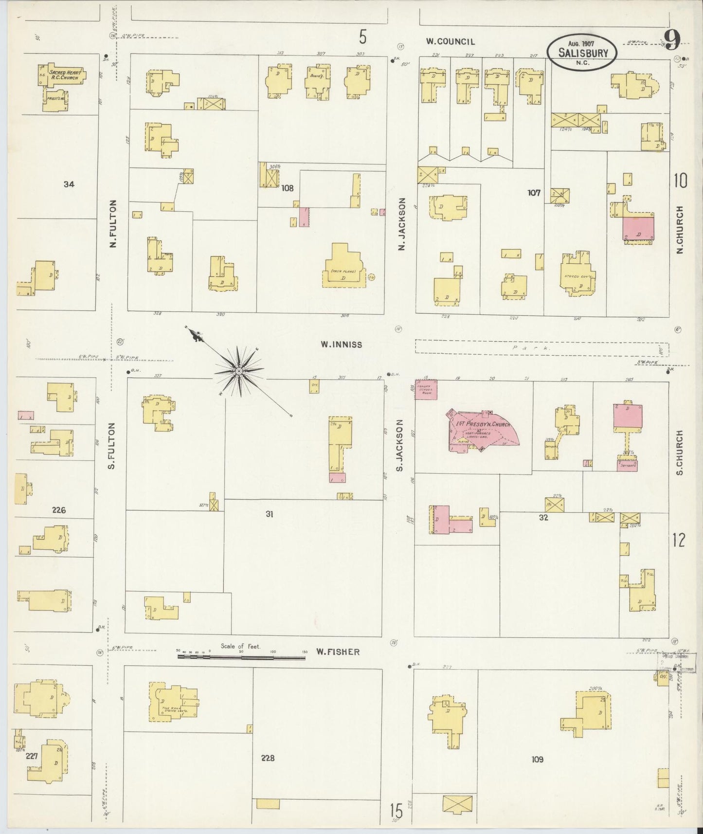 Sanborn Fire Insurance Map from Salisbury, Rowan County, North Carolina (1907), Sheet #0009 - Historic Sanborn Fire Insurance Map Print, vintage old map wall art, antique decor, genealogy gift, North Carolina North Carolina map