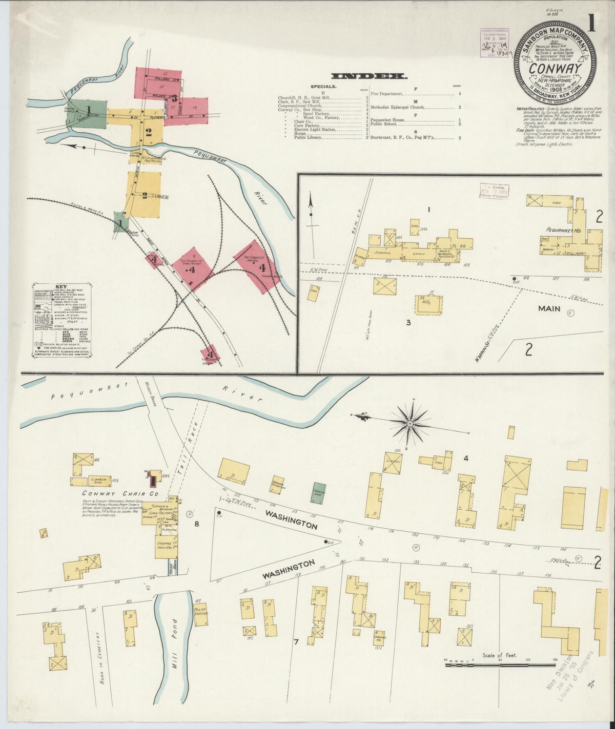 Sanborn Fire Insurance Map from Conway, Carroll County, New Hampshire (1908), Sheet #0001 - Historic Sanborn Fire Insurance Map Print, vintage old map wall art, antique decor, genealogy gift, New Hampshire New Hampshire map