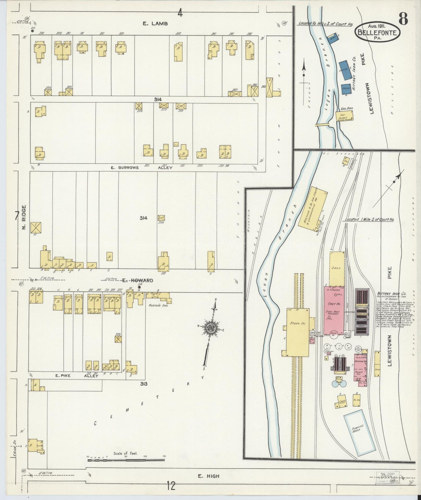 Sanborn Fire Insurance Map from Bellefonte, Centre County, Pennsylvania (1911), Sheet #0008 - Historic Sanborn Fire Insurance Map Print, vintage old map wall art, antique decor, genealogy gift, Pennsylvania Pennsylvania map