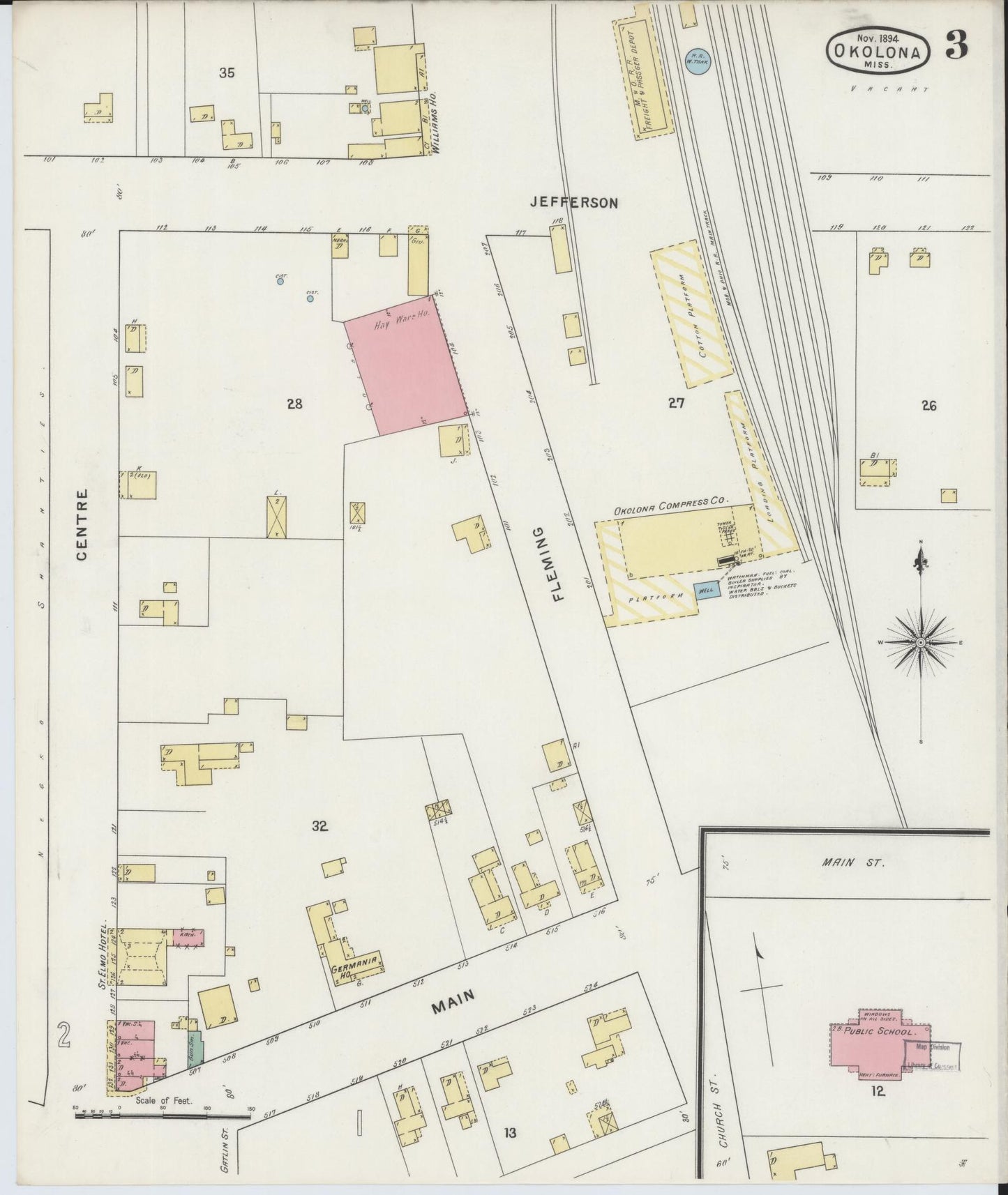 Sanborn Fire Insurance Map from Okolona, Chickasaw County, Mississippi (1894), Sheet #0003 - Complete Map Set gallery image, historic Sanborn map, vintage wall art, Mississippi Mississippi