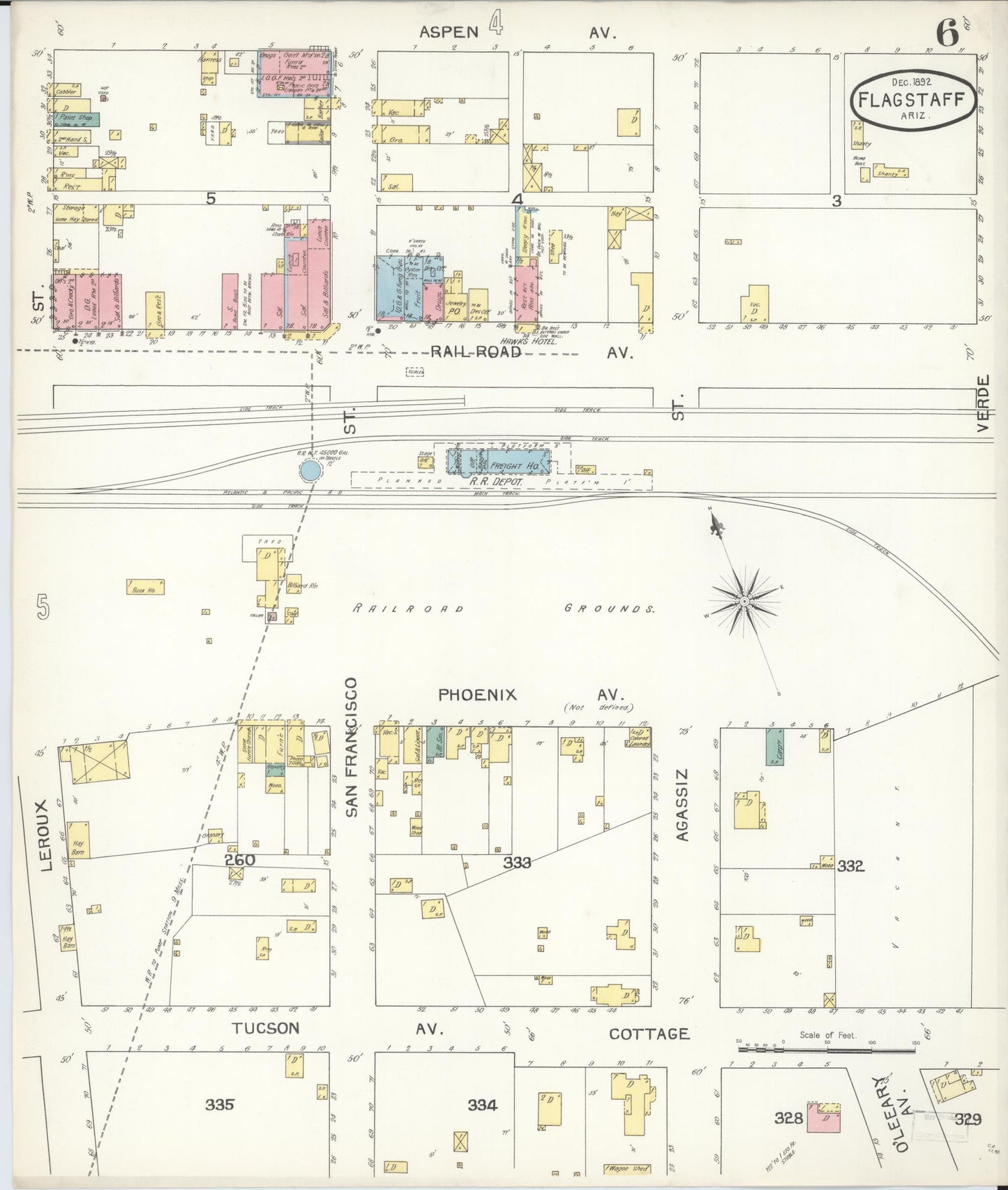 Sanborn Fire Insurance Map from Flagstaff, Coconino County, Arizona (1892), Sheet #0006 - Historic Sanborn Fire Insurance Map Print, vintage old map wall art, antique decor, genealogy gift, Arizona Arizona map