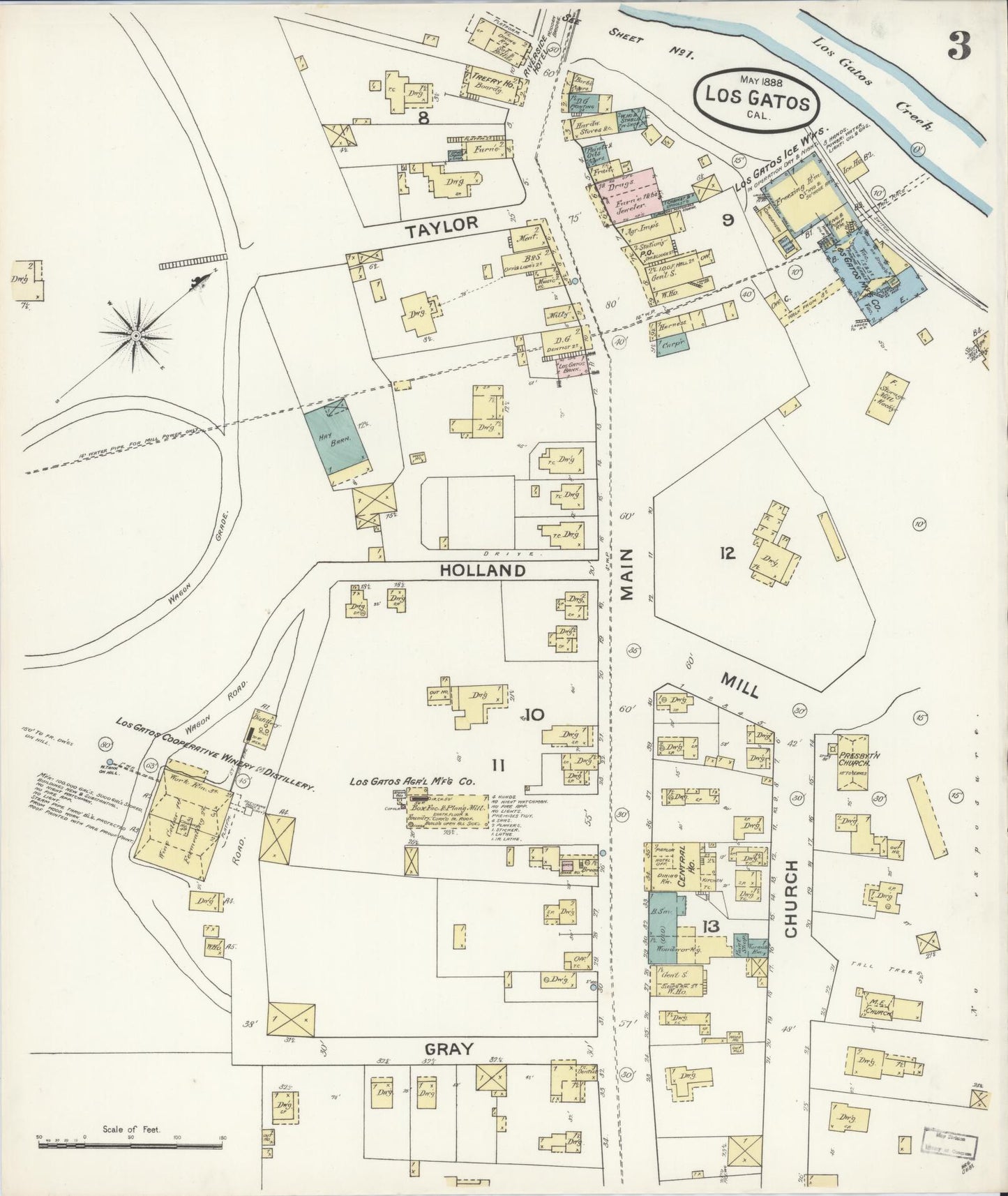 Sanborn Fire Insurance Map from Los Gatos, Santa Clara County, California (1888), Sheet #0003 - Historic Sanborn Fire Insurance Map Print, vintage old map wall art, antique decor, genealogy gift, California California map