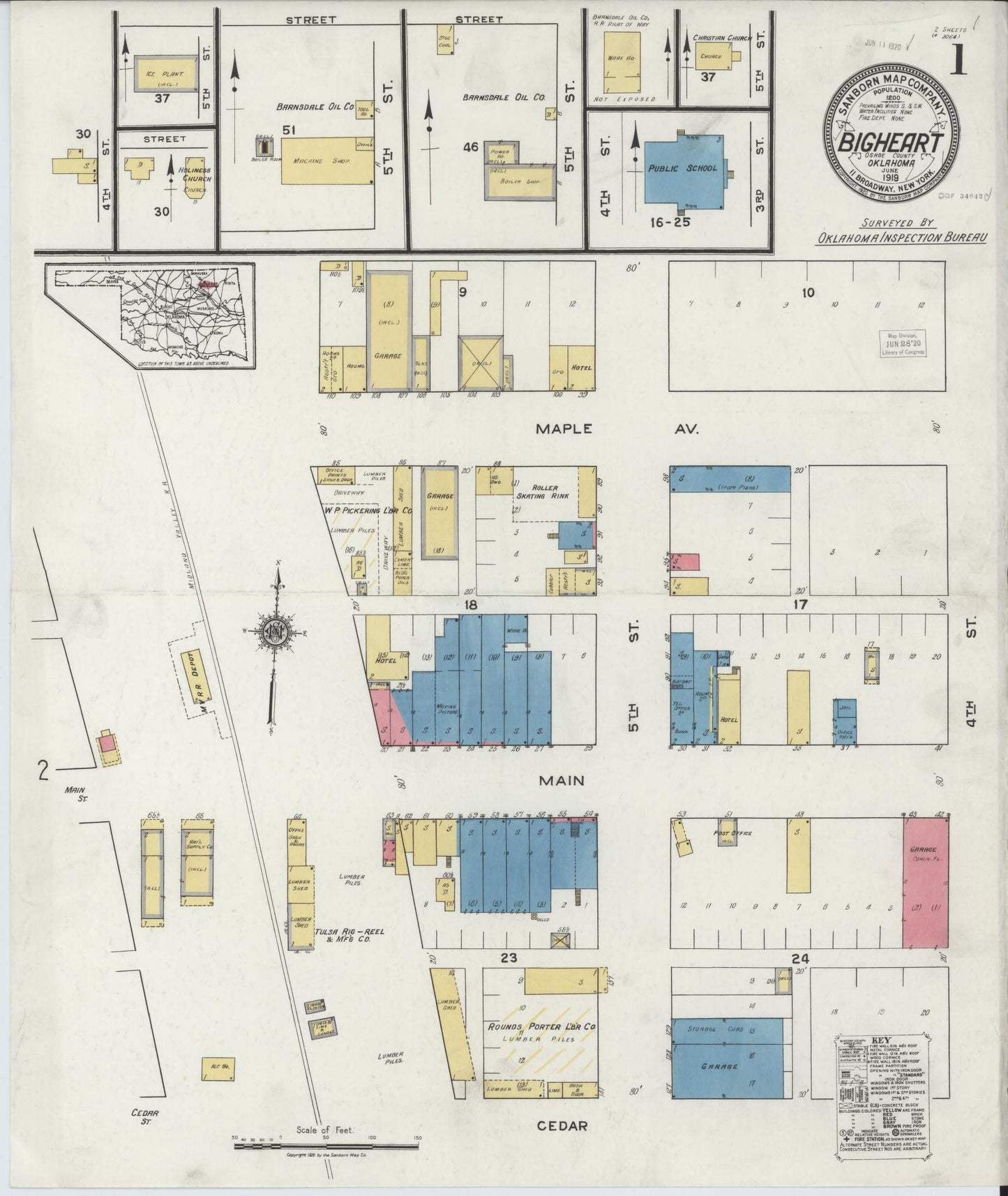 Sanborn Fire Insurance Map from Bigheart, Osage County, Oklahoma (1919), Sheet #0001 - Historic Sanborn Fire Insurance Map Print, vintage old map wall art, antique decor, genealogy gift, Oklahoma Oklahoma map