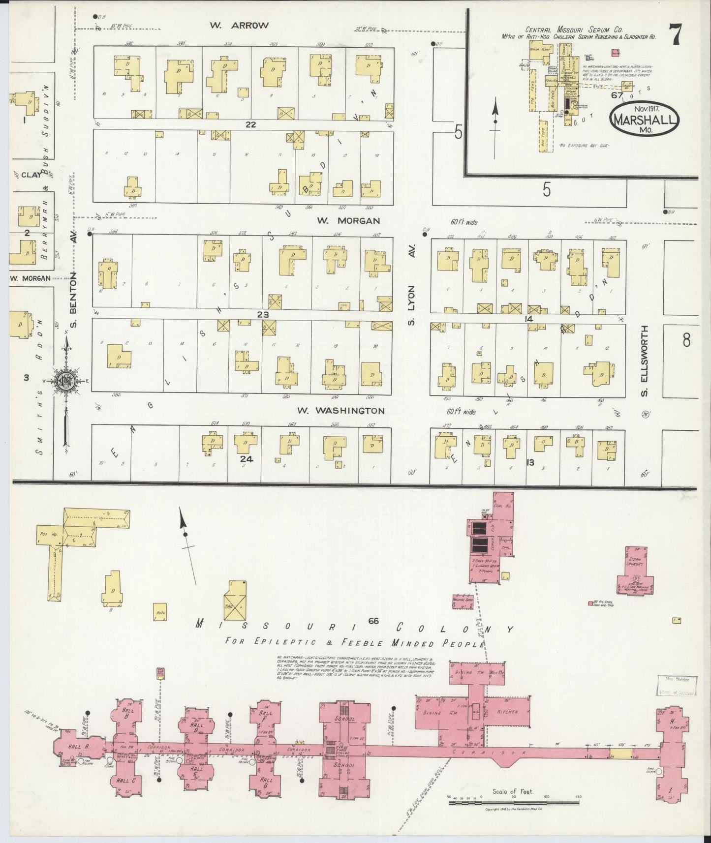 Sanborn Fire Insurance Map from Marshall, Saline County, Missouri (1917), Sheet #0007 - Historic Sanborn Fire Insurance Map Print, vintage old map wall art, antique decor, genealogy gift, Missouri Missouri map