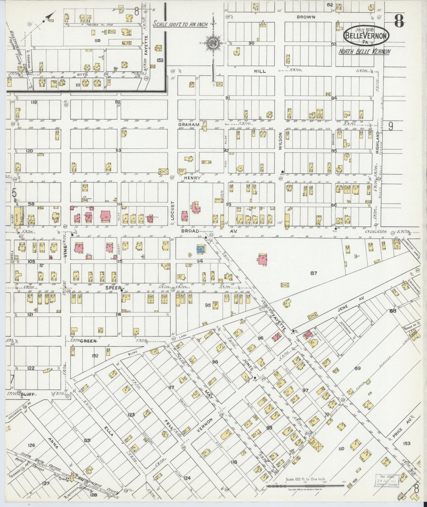 Sanborn Fire Insurance Map from Belle Vernon, Fayette County, Pennsylvania (1918), Sheet #0008 - Historic Sanborn Fire Insurance Map Print, vintage old map wall art, antique decor, genealogy gift, Pennsylvania Pennsylvania map