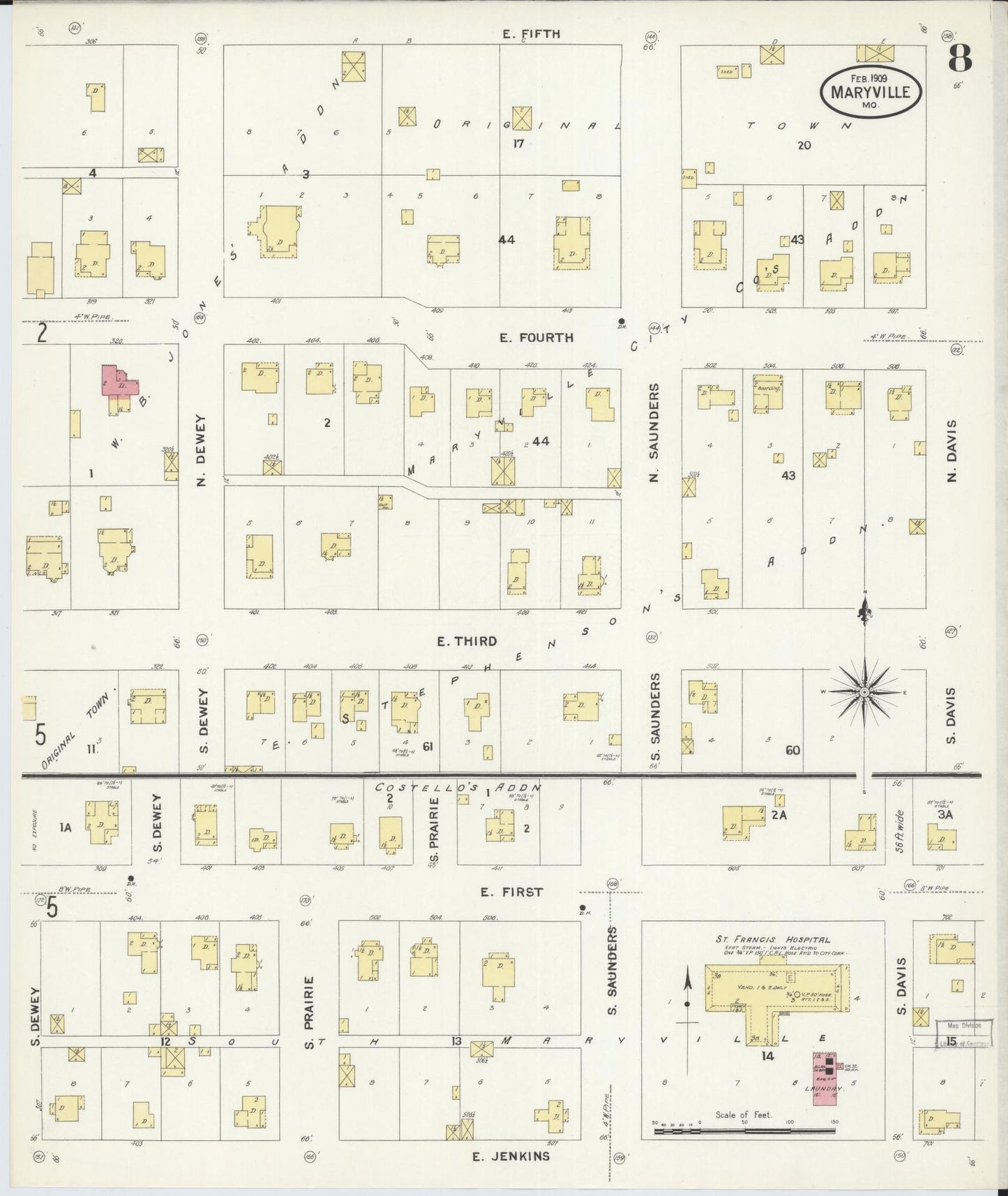 Sanborn Fire Insurance Map from Maryville, Nodaway County, Missouri (1909), Sheet #0008 - Historic Sanborn Fire Insurance Map Print, vintage old map wall art, antique decor, genealogy gift, Missouri Missouri map
