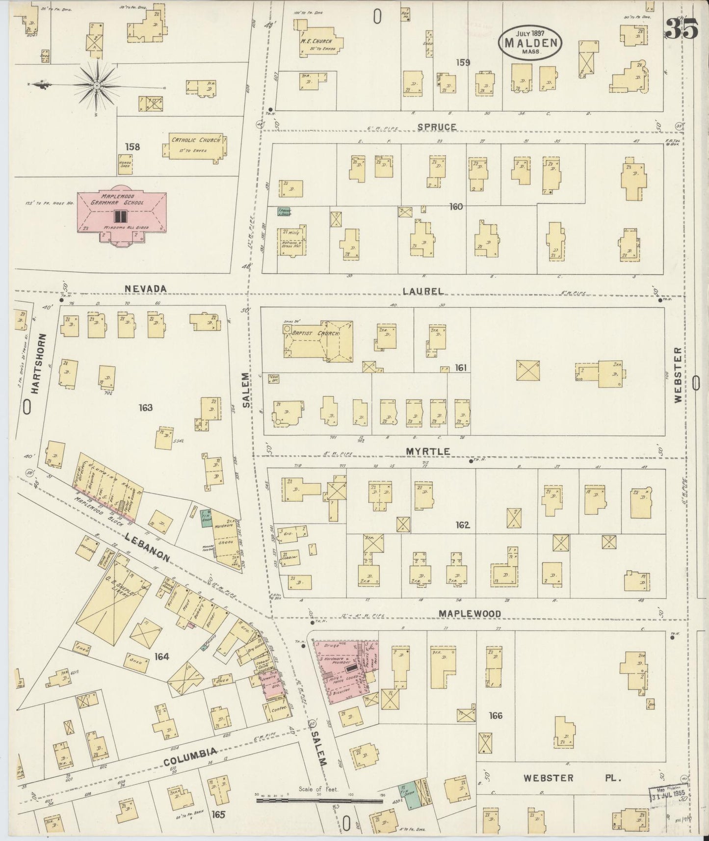 Sanborn Fire Insurance Map from Malden, Middlesex County, Massachusetts (1897), Sheet #0035 - Historic Sanborn Fire Insurance Map Print, vintage old map wall art, antique decor, genealogy gift, Massachusetts Massachusetts map