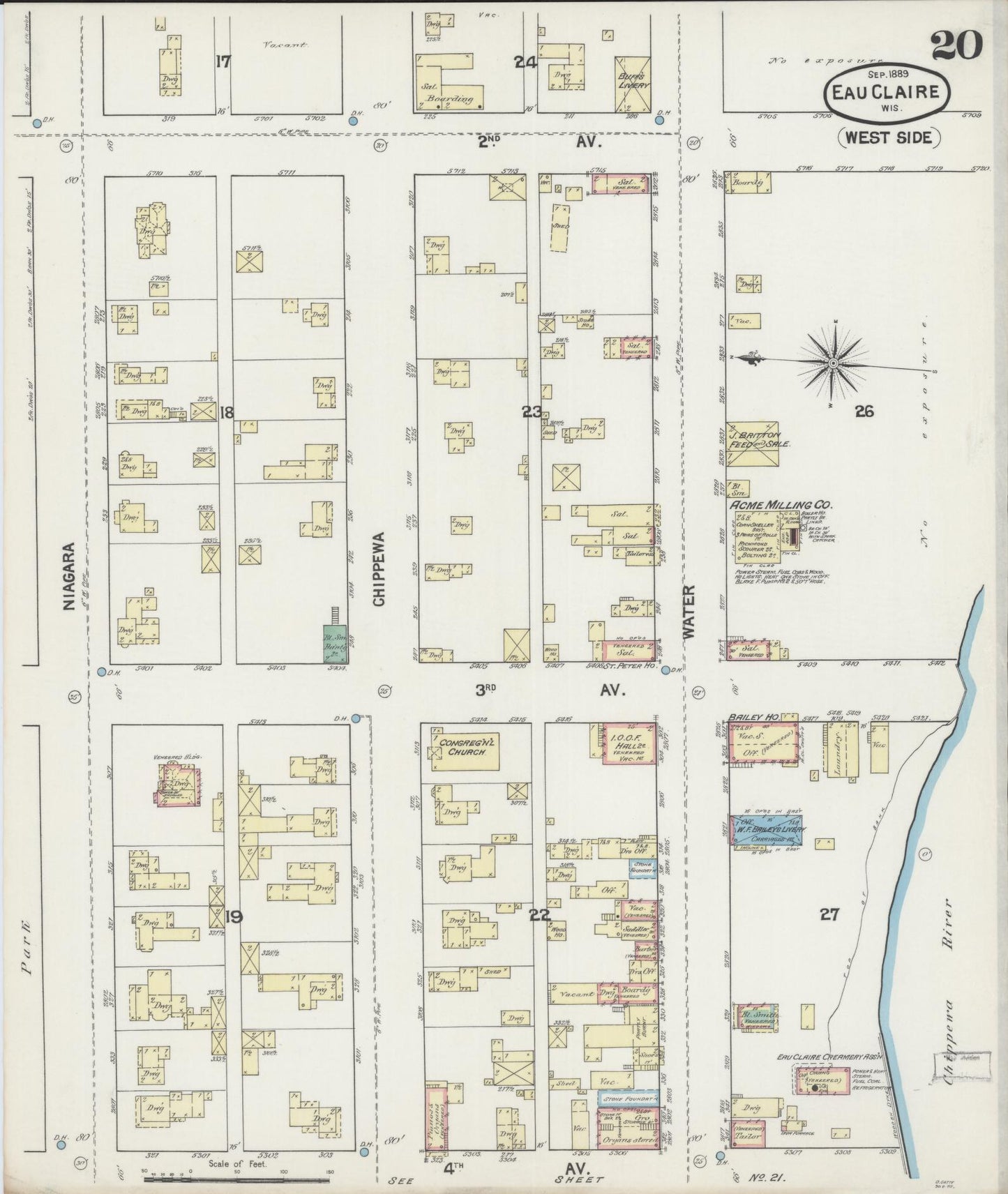 Sanborn Fire Insurance Map from Eau Claire, Eau Claire County, Wisconsin (1889), Sheet #0020 - Historic Sanborn Fire Insurance Map Print, vintage old map wall art, antique decor, genealogy gift, Wisconsin Wisconsin map