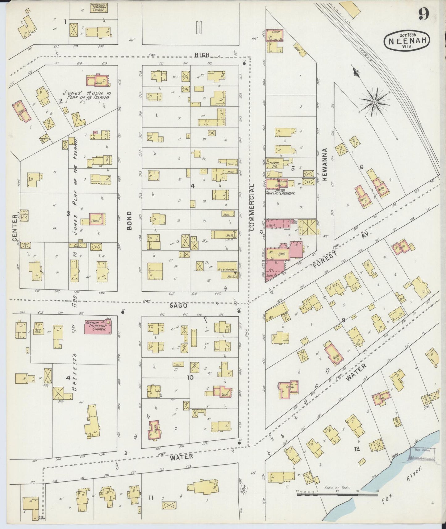 Sanborn Fire Insurance Map from Neenah, Winnebago County, Wisconsin (1895), Sheet #0009 - Historic Sanborn Fire Insurance Map Print, vintage old map wall art, antique decor, genealogy gift, Wisconsin Wisconsin map