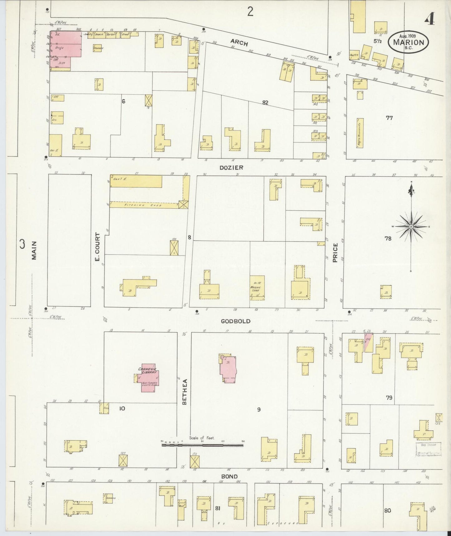 Sanborn Fire Insurance Map from Marion, Marion County, South Carolina (1909), Sheet #0004 - Historic Sanborn Fire Insurance Map Print, vintage old map wall art, antique decor, genealogy gift, South Carolina South Carolina map