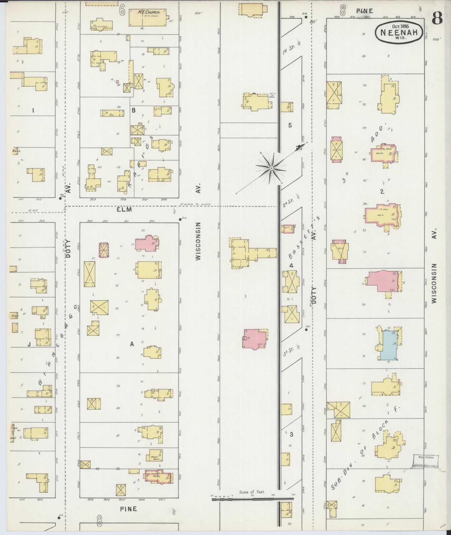Sanborn Fire Insurance Map from Neenah, Winnebago County, Wisconsin (1895), Sheet #0008 - Historic Sanborn Fire Insurance Map Print, vintage old map wall art, antique decor, genealogy gift, Wisconsin Wisconsin map
