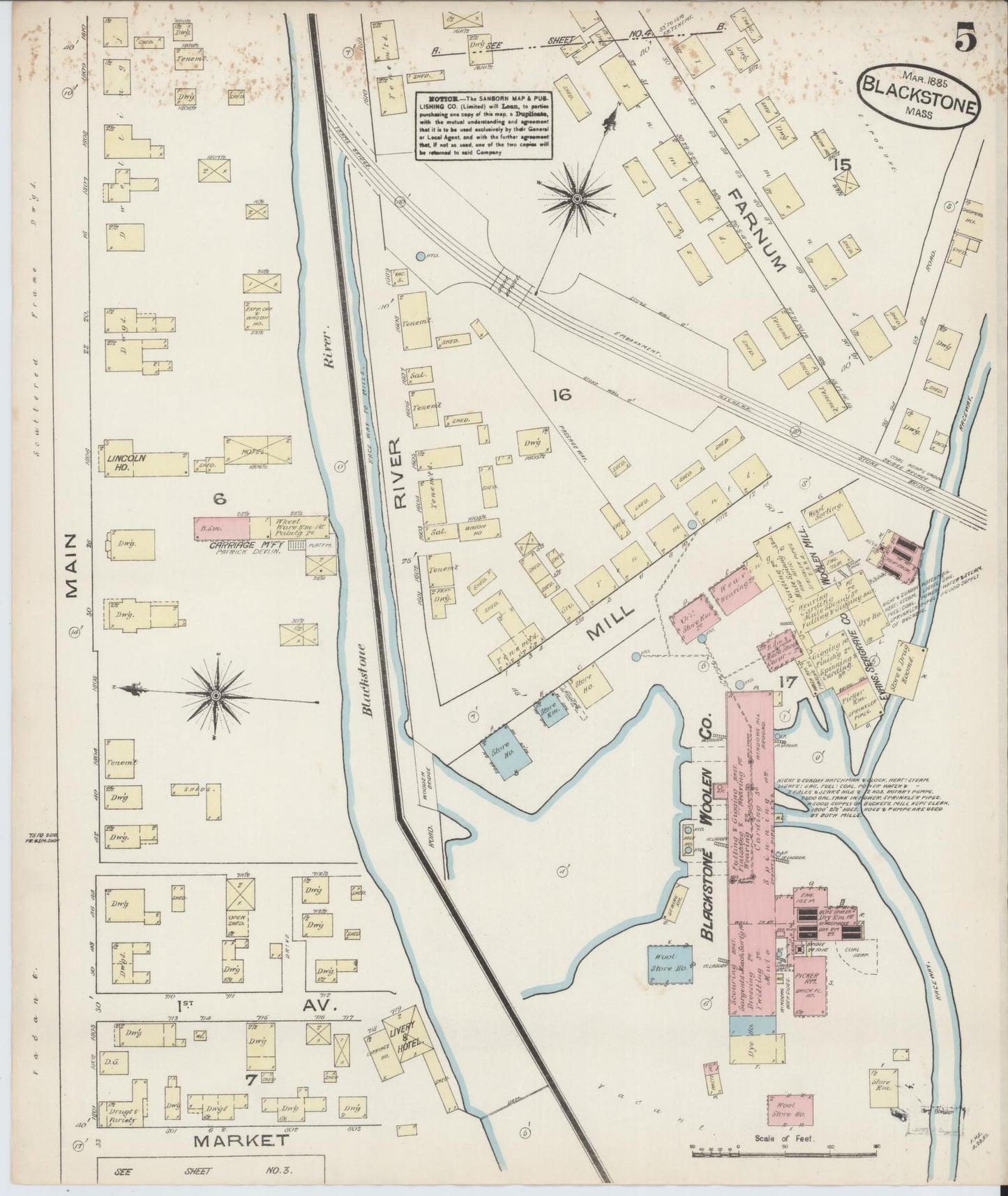 Sanborn Fire Insurance Map from Blackstone, Worcester County, Massachusetts (1885), Sheet #0005 - Historic Sanborn Fire Insurance Map Print, vintage old map wall art, antique decor, genealogy gift, Massachusetts Massachusetts map