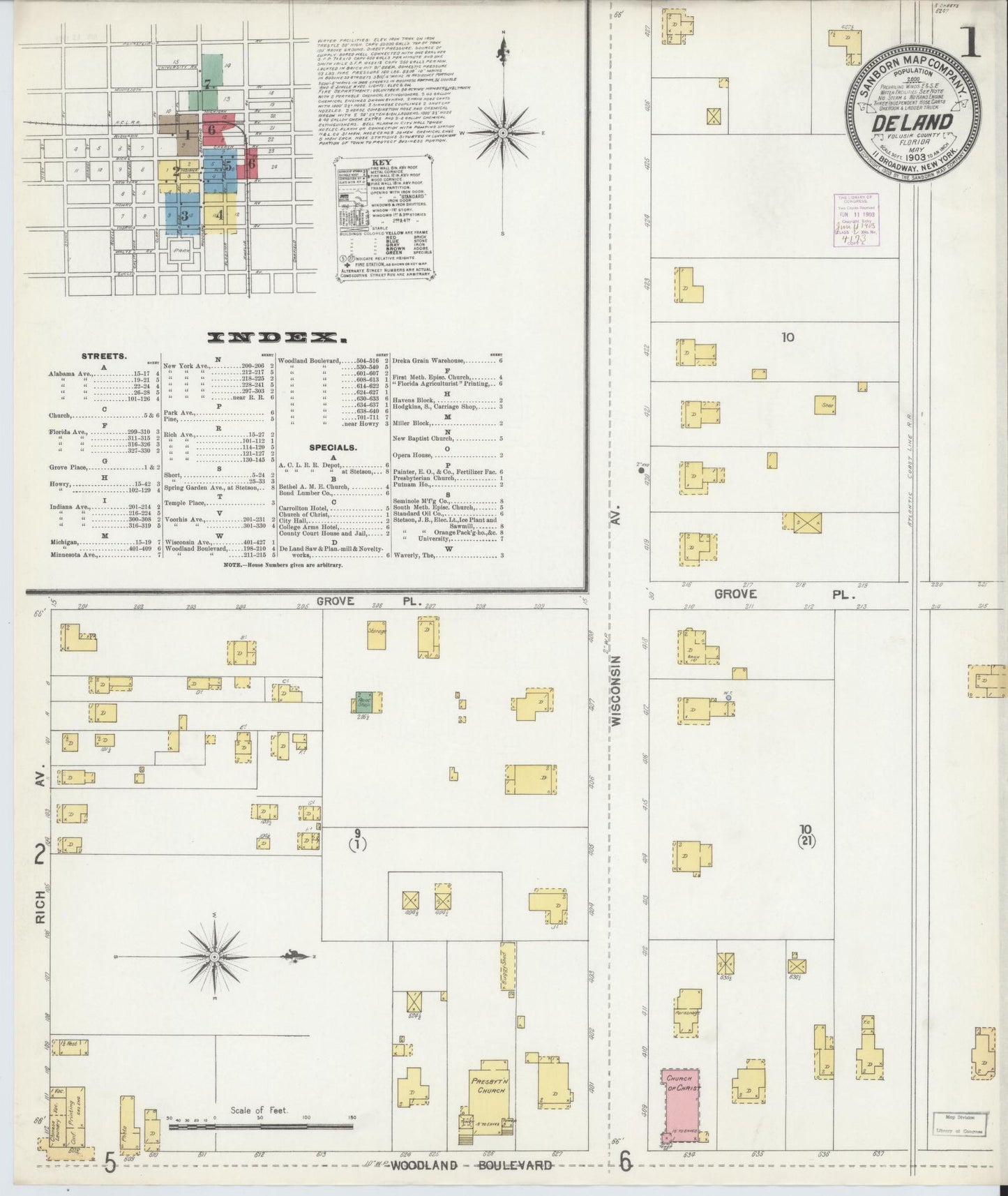 Sanborn Fire Insurance Map from De Land, Volusia County, Florida (1903), Sheet #0001 - Historic Sanborn Fire Insurance Map Print, vintage old map wall art, antique decor, genealogy gift, Florida Florida map