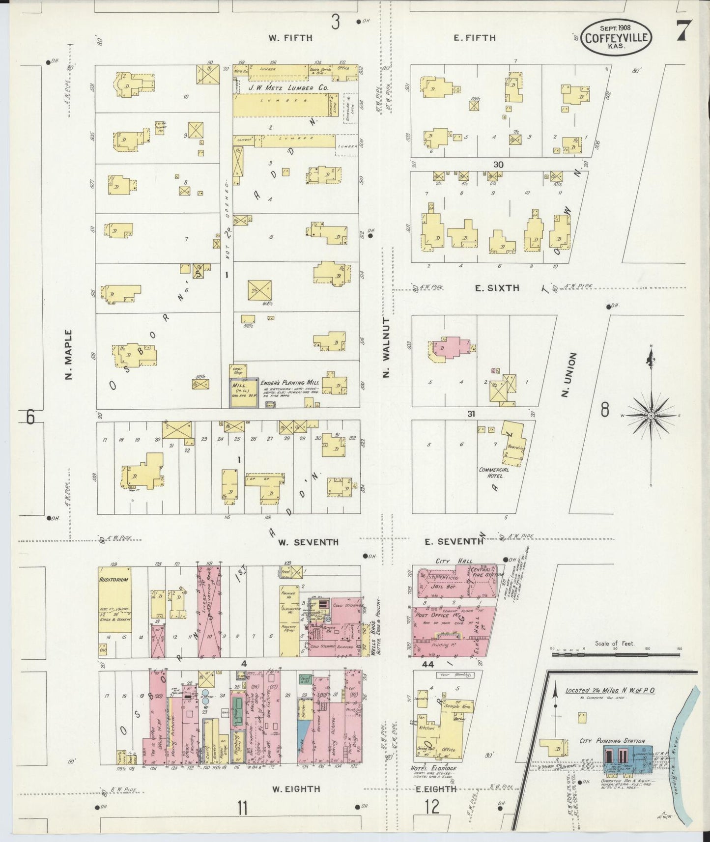Sanborn Fire Insurance Map from Coffeyville, Montgomery County, Kansas (1908), Sheet #0007 - Historic Sanborn Fire Insurance Map Print, vintage old map wall art, antique decor, genealogy gift, Kansas Kansas map