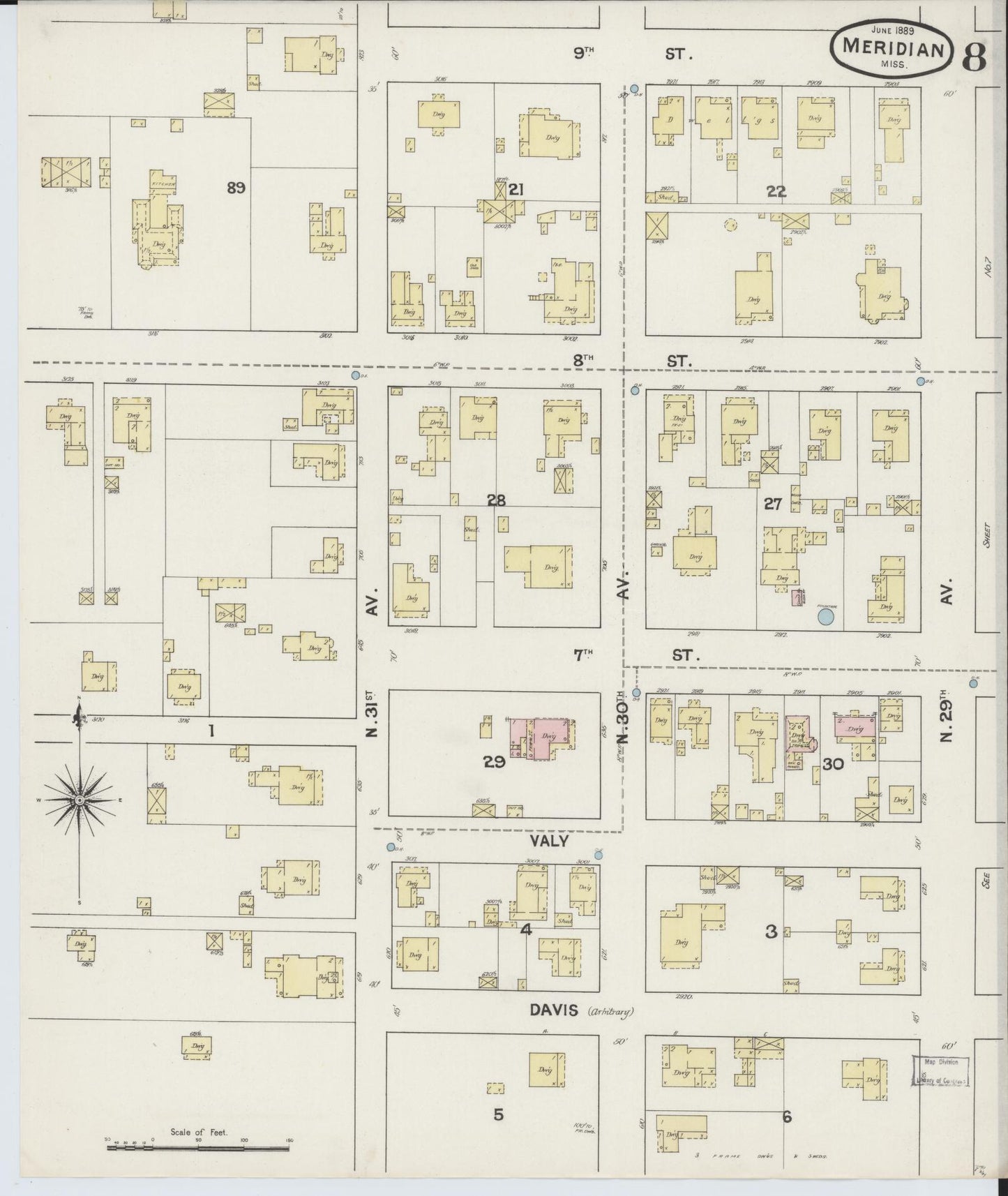 Sanborn Fire Insurance Map from Meridian, Lauderdale County, Mississippi (1889), Sheet #0008 - Historic Sanborn Fire Insurance Map Print, vintage old map wall art, antique decor, genealogy gift, Mississippi Mississippi map