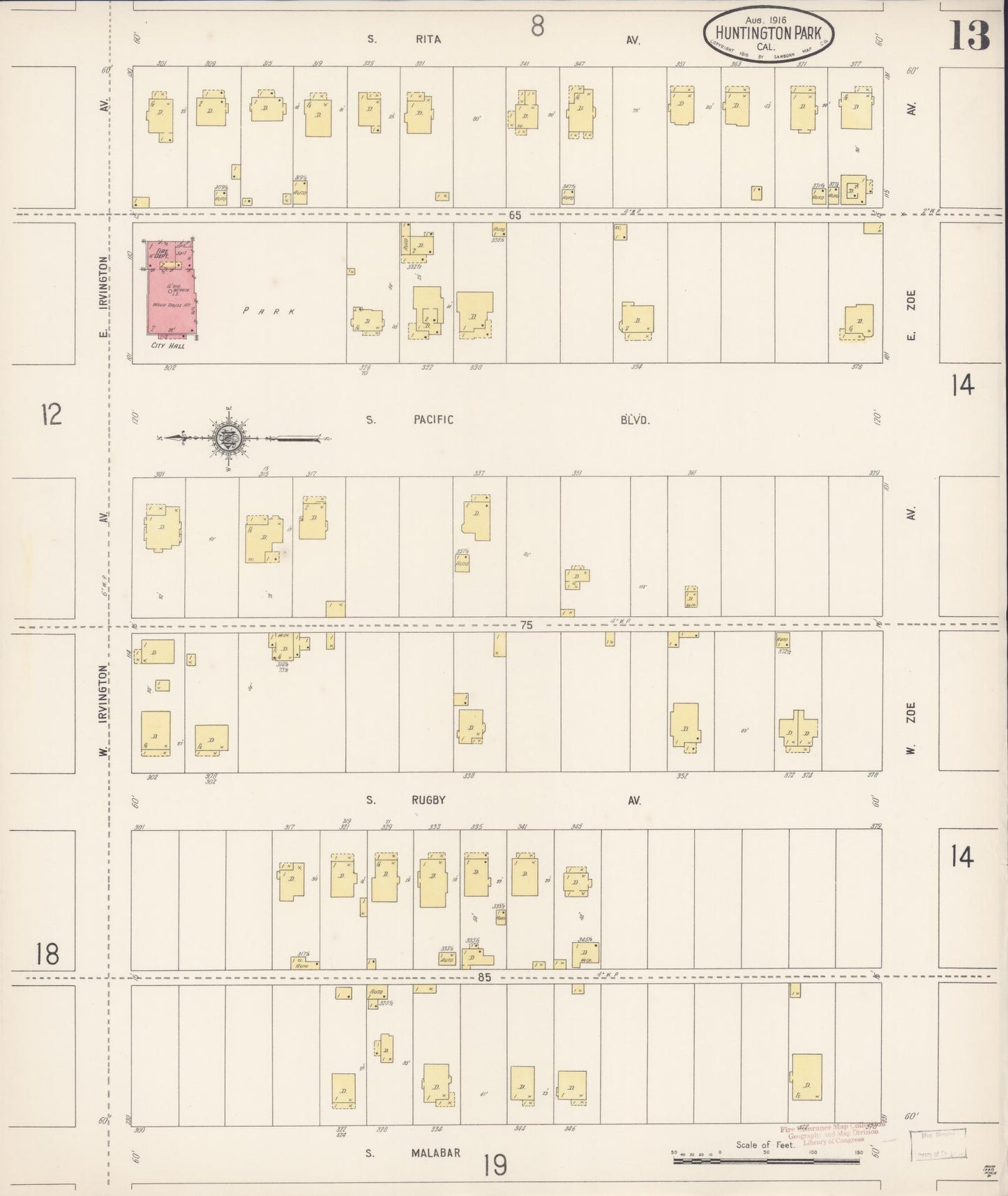 Sanborn Fire Insurance Map from Huntington Park, Los Angeles County, California (1916), Sheet #0013 - Historic Sanborn Fire Insurance Map Print, vintage old map wall art, antique decor, genealogy gift, California California map