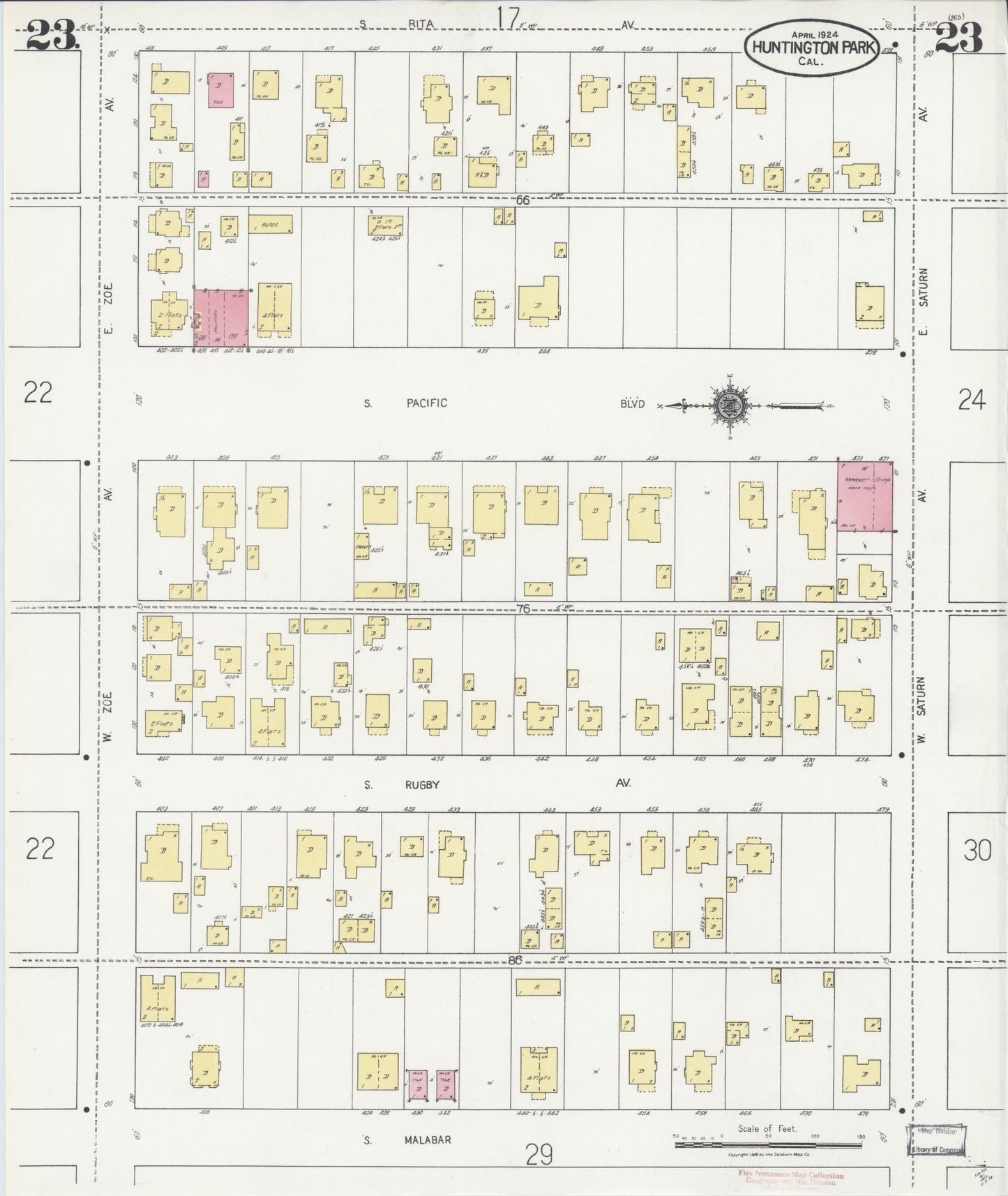 Sanborn Fire Insurance Map from Huntington Park, Los Angeles County, California (1924), Sheet #0023 - Historic Sanborn Fire Insurance Map Print, vintage old map wall art, antique decor, genealogy gift, California California map