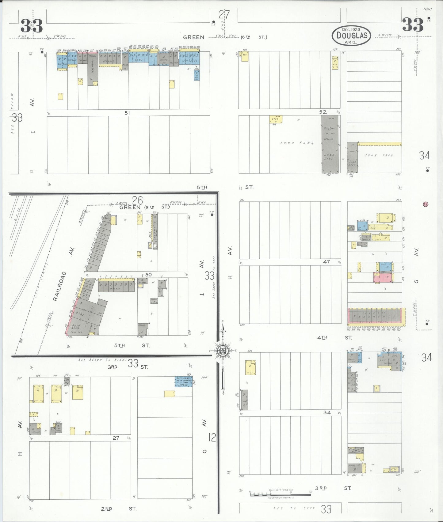Sanborn Fire Insurance Map from Douglas, Cochise County, Arizona (1929), Sheet #0033 - Historic Sanborn Fire Insurance Map Print, vintage old map wall art, antique decor, genealogy gift, Arizona Arizona map