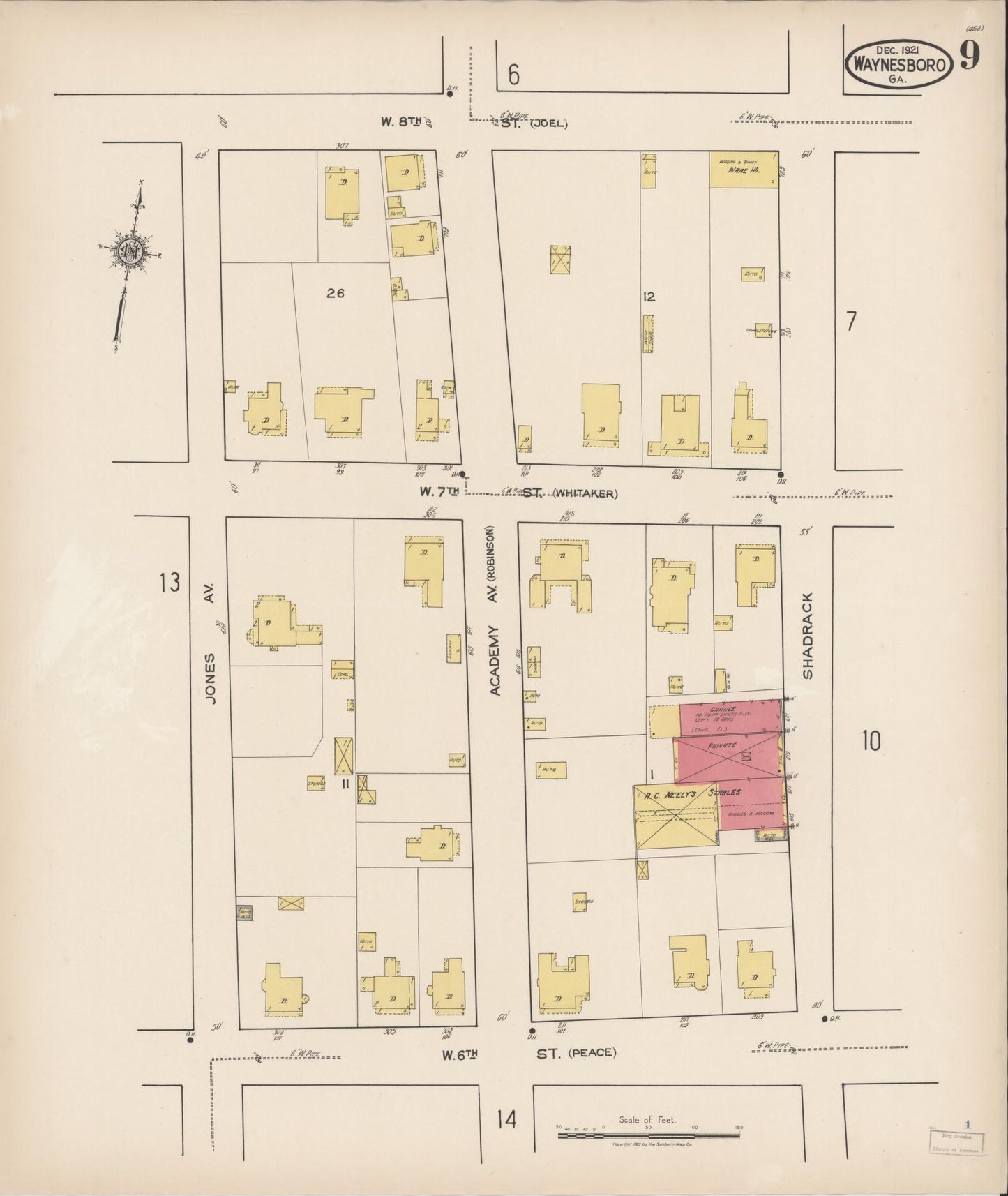 Sanborn Fire Insurance Map from Waynesboro, Burke County, Georgia (1921), Sheet #0009 - Historic Sanborn Fire Insurance Map Print, vintage old map wall art, antique decor, genealogy gift, Georgia Georgia map