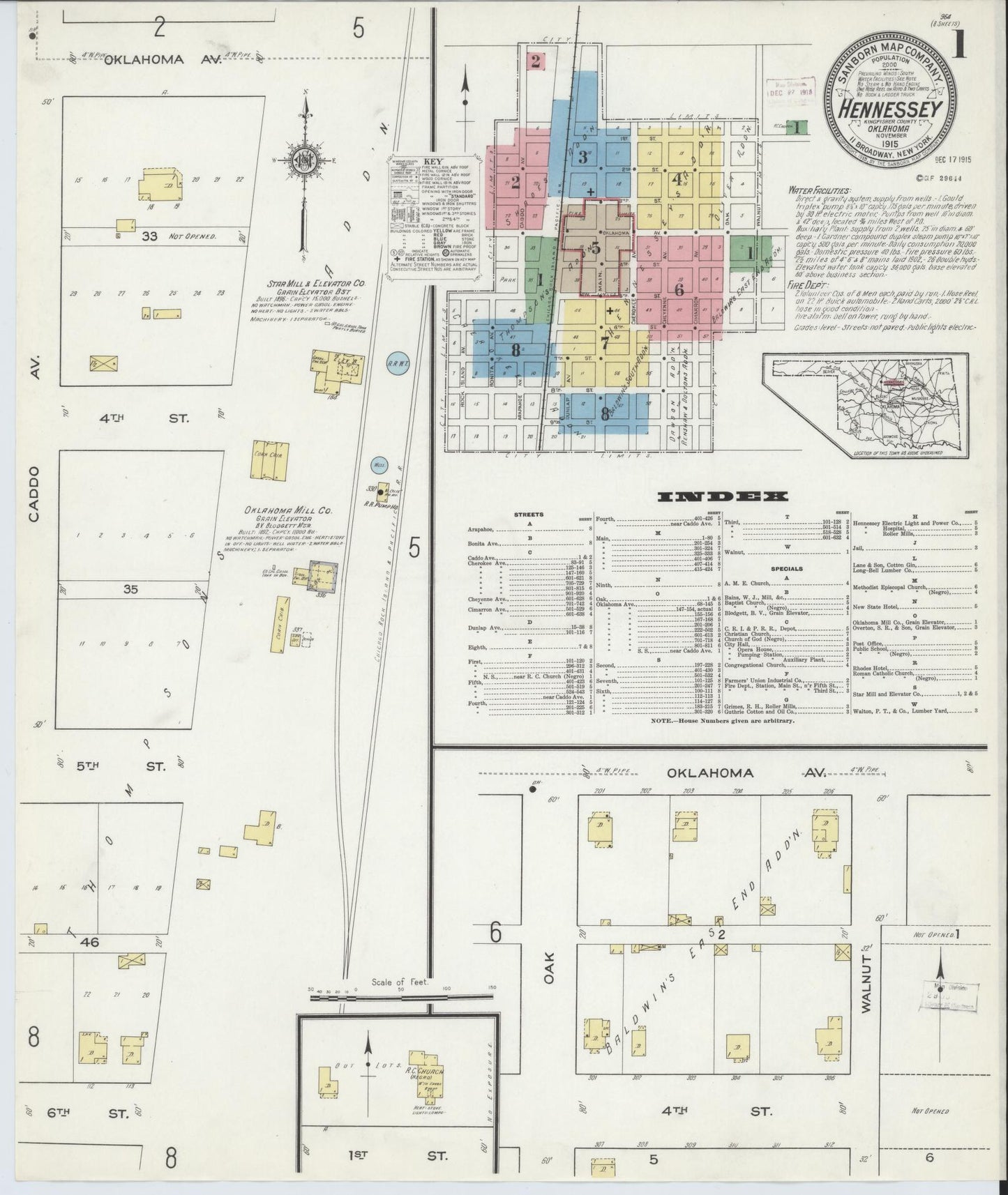 Sanborn Fire Insurance Map from Hennessey, Kingfisher County, Oklahoma (1915), Sheet #0001 - Historic Sanborn Fire Insurance Map Print, vintage old map wall art, antique decor, genealogy gift, Oklahoma Oklahoma map