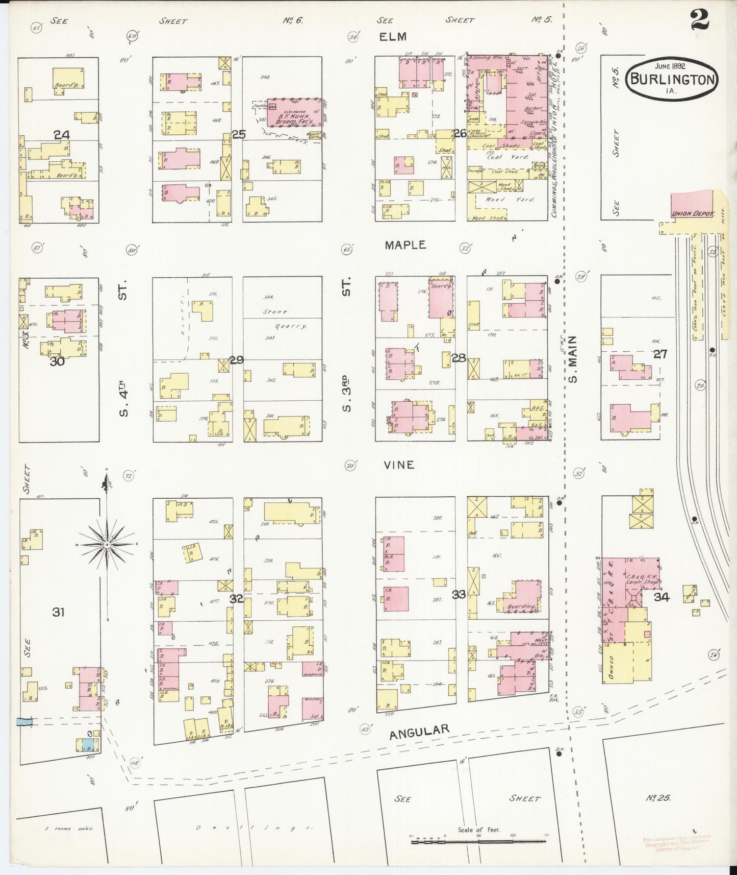 Sanborn Fire Insurance Map from Burlington, Des Moines County, Iowa (1892), Sheet #0002 - Historic Sanborn Fire Insurance Map Print, vintage old map wall art