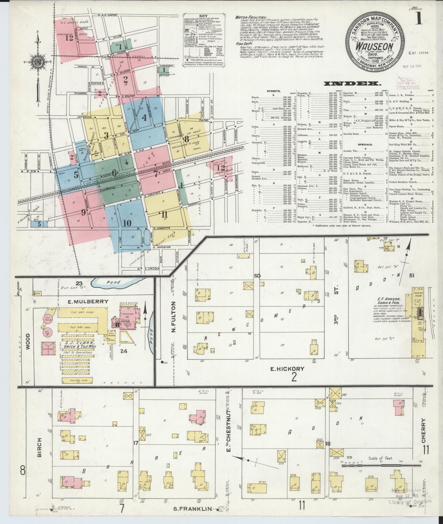 Sanborn Fire Insurance Map from Wauseon, Fulton County, Ohio (1910), Sheet #0001 - Historic Sanborn Fire Insurance Map Print, vintage old map wall art, antique decor, genealogy gift, Ohio Ohio map