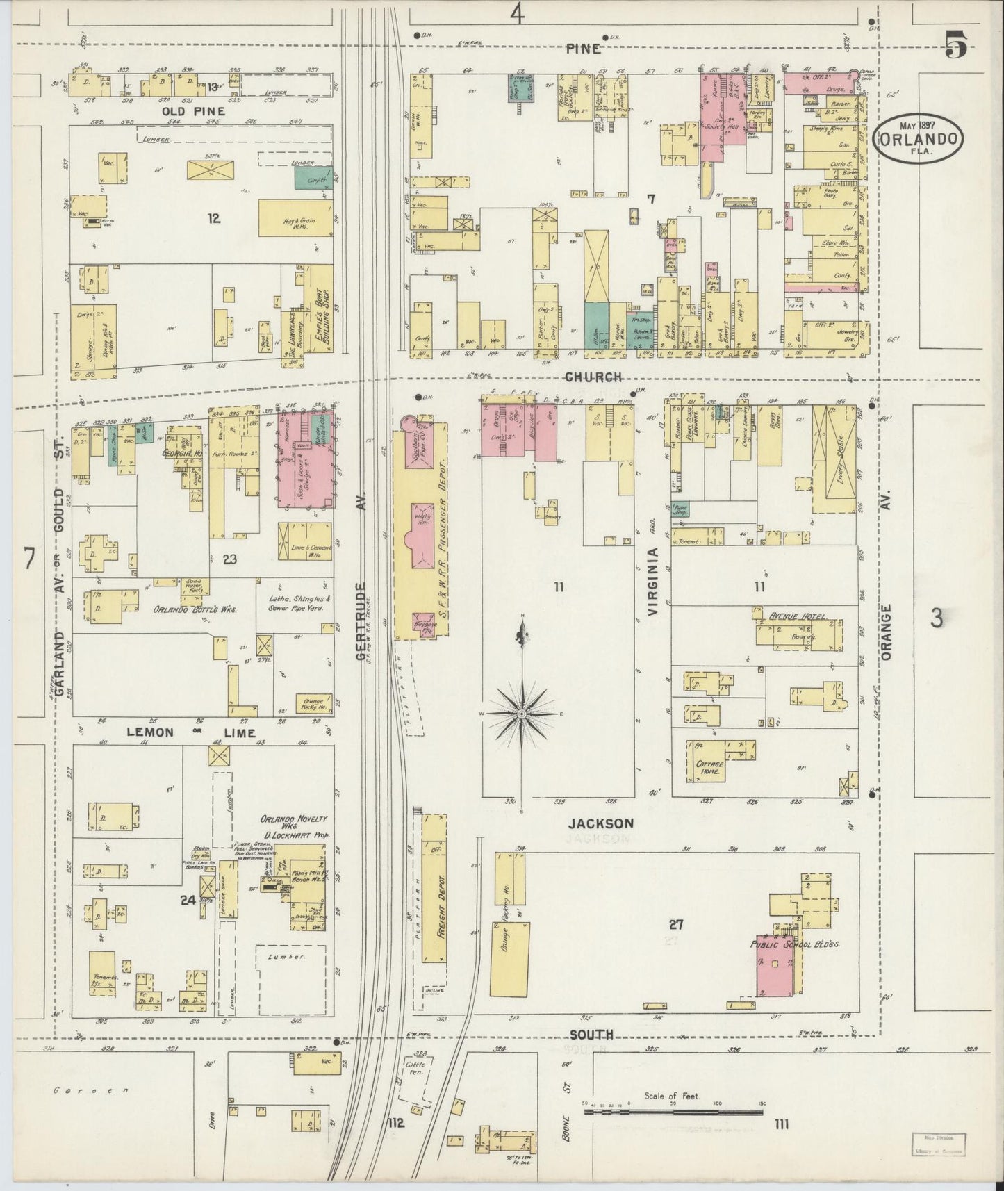 Sanborn Fire Insurance Map from Orlando, Orange County, Florida (1897), Sheet #0005 - Historic Sanborn Fire Insurance Map Print, vintage old map wall art, antique decor, genealogy gift, Florida Florida map