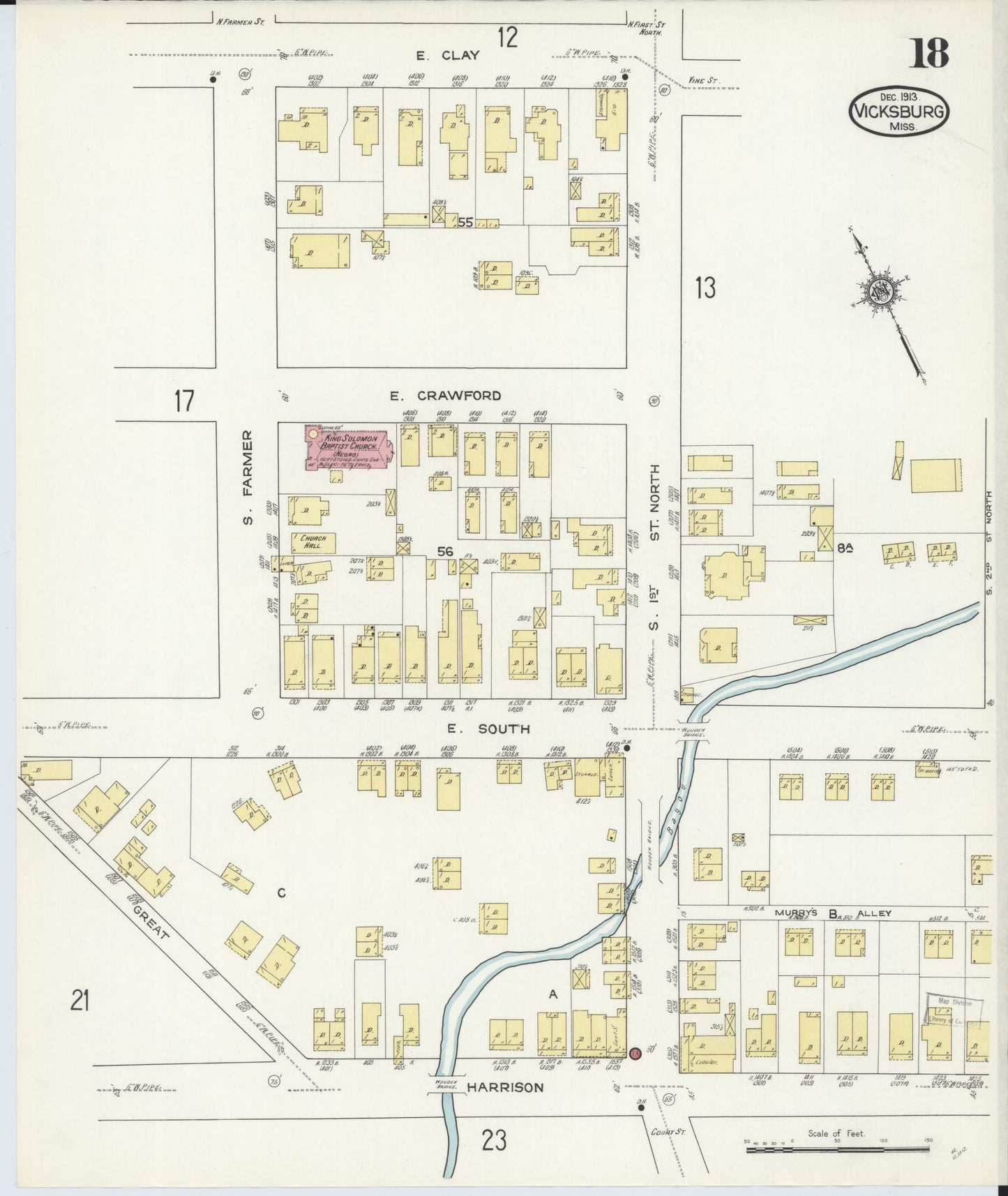 Sanborn Fire Insurance Map from Vicksburg, Warren County, Mississippi (1913), Sheet #0018 - Historic Sanborn Fire Insurance Map Print, vintage old map wall art, antique decor, genealogy gift, Mississippi Mississippi map