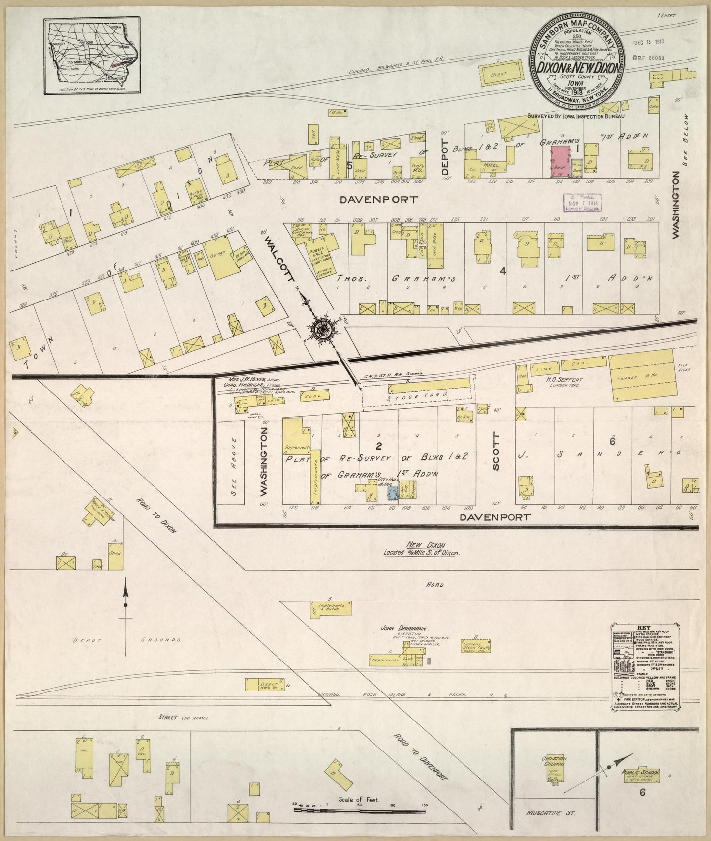Sanborn Fire Insurance Map from Dixon, Scott County, Iowa (1913), Sheet #0001 - Historic Sanborn Fire Insurance Map Print, vintage old map wall art