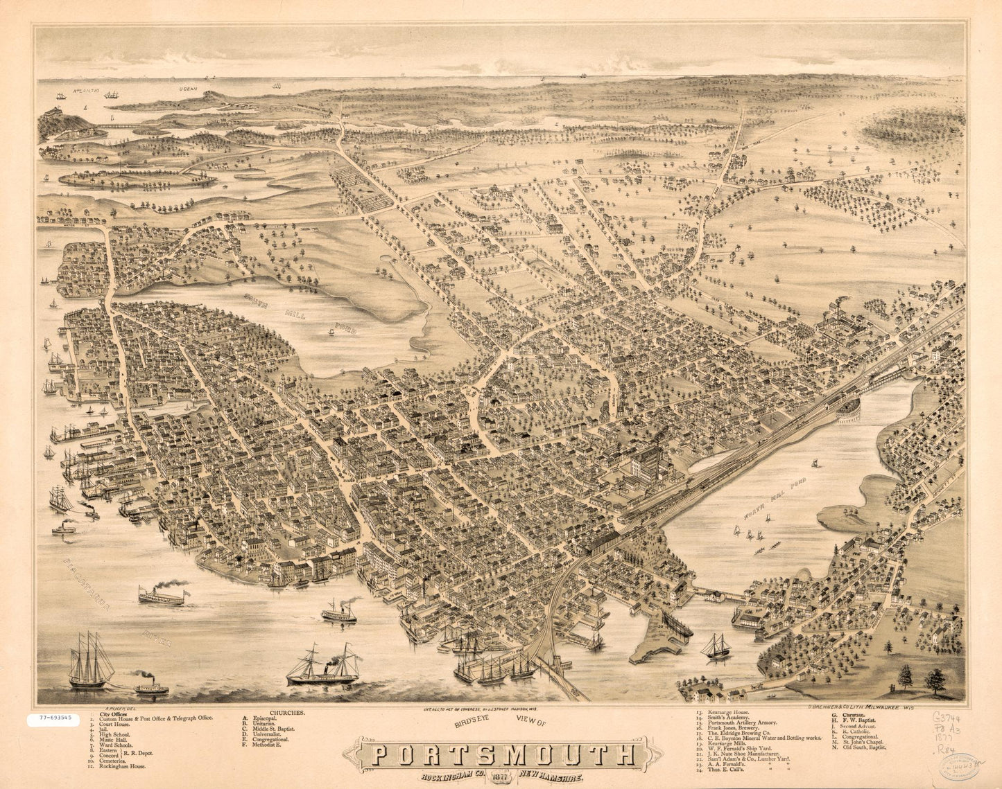 Bird's eye view of Portsmouth, Rockingham Co., New Hampshire. (1877) – Historic Bird’s-Eye View Panorama Print